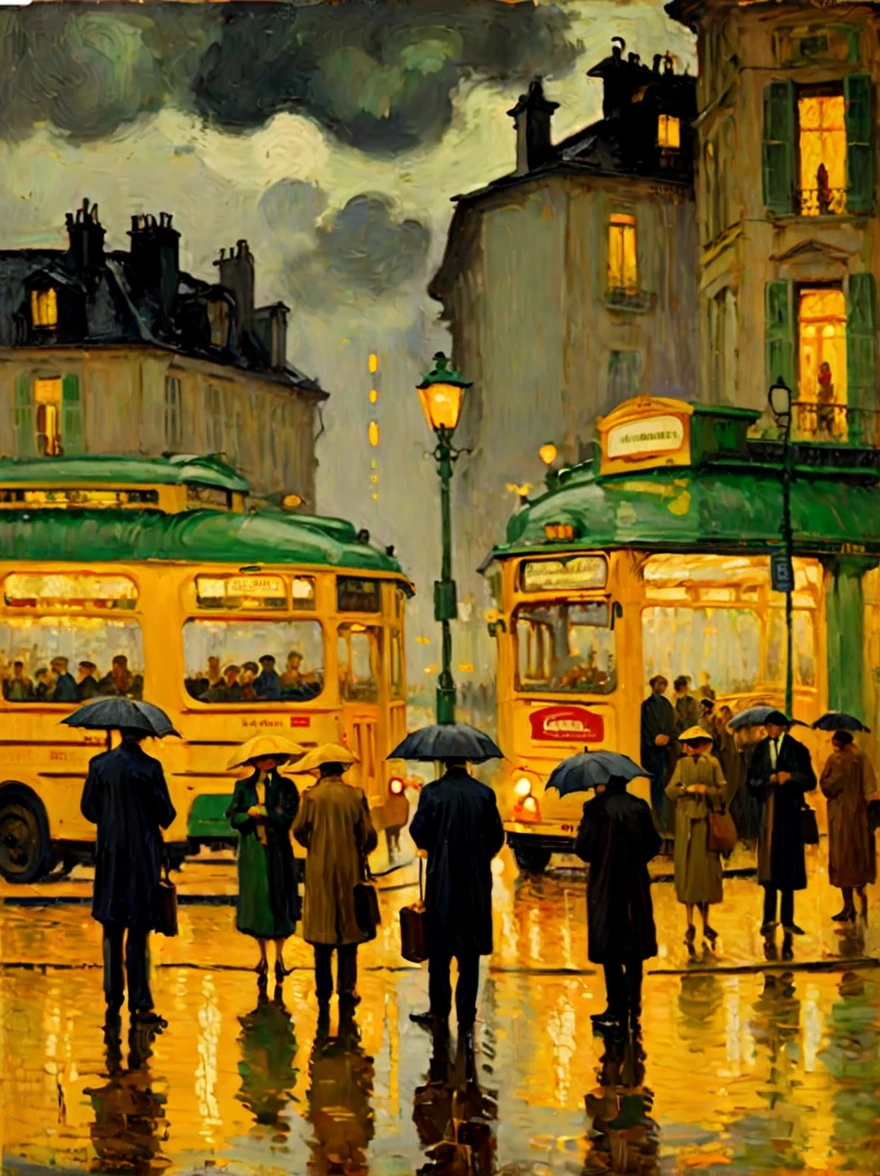 (downpour, rainy night:1.2), Pierre Bonnard style - Painting by Pierre Bonnard, people waiting at bus stop, cloudy day, scene , Oil painting in the style of Pierre Bonnard