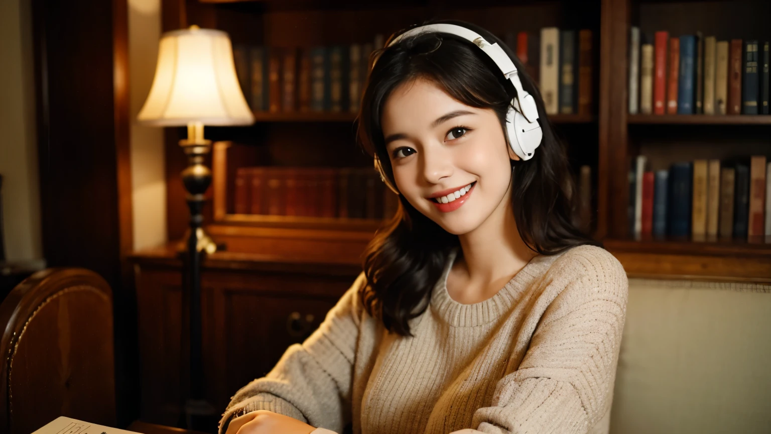 woman, with book, cute smile, wearing headphone, vintage clothes