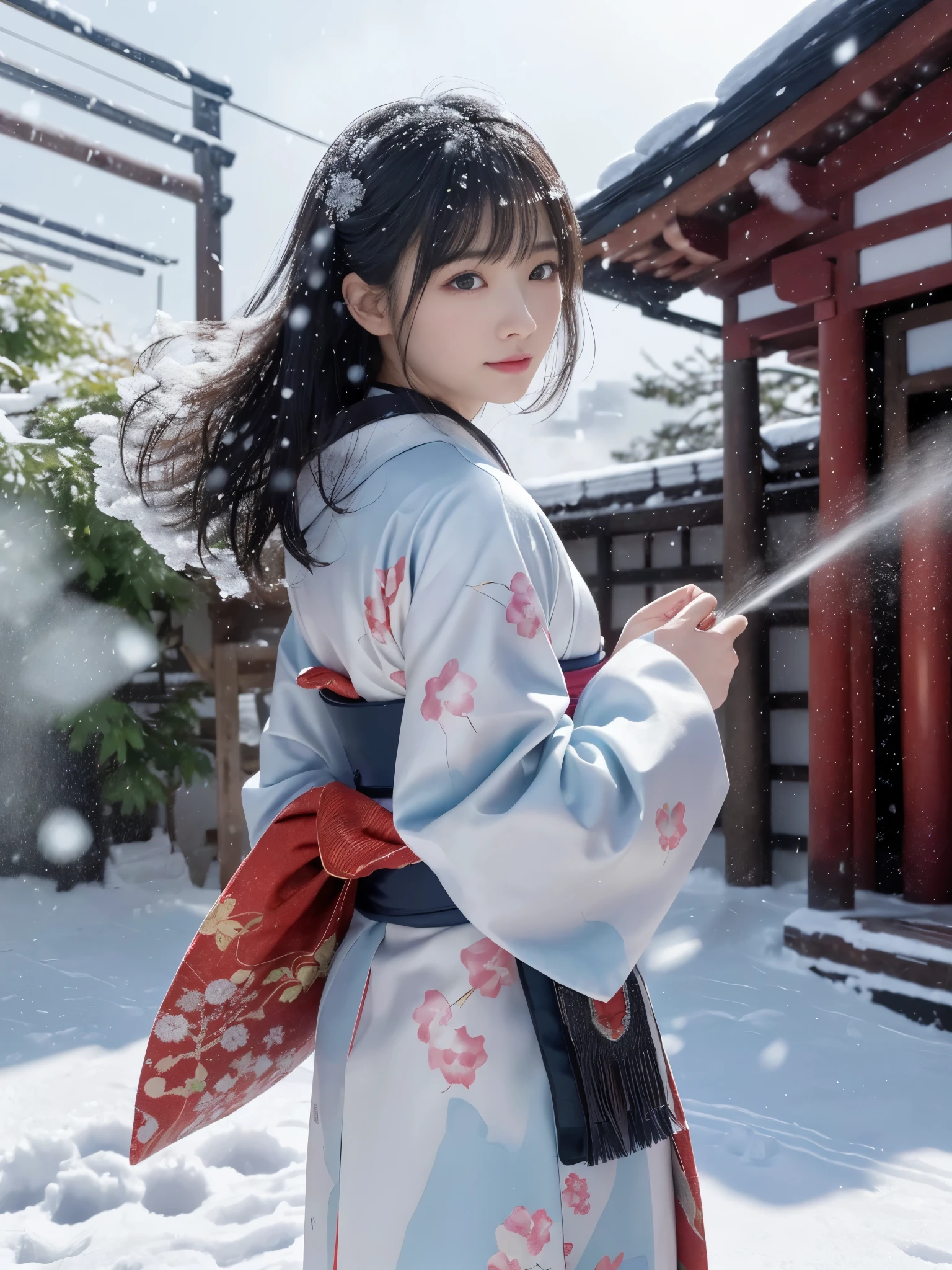 (kimono)、、(highest quality,masterpiece:1.3,Super high resolution,),(super detailed,caustics),(Photoreal:1.4,RAW shooting,)ultra-realistic capture,very detailed,High resolution 16K resolution for human skin、 Natural skin texture、、Skin looks even-toned and healthy、 Use natural light and color,one woman,Japanese,,cute,black haired,middle hair,(Depth of bounds written、chromatic aberration、、wide range of lighting、natural shading、)、、(falling snow:1.3)、(hair swaying in the wind:1.2)、(Snow reflects light:1.3)