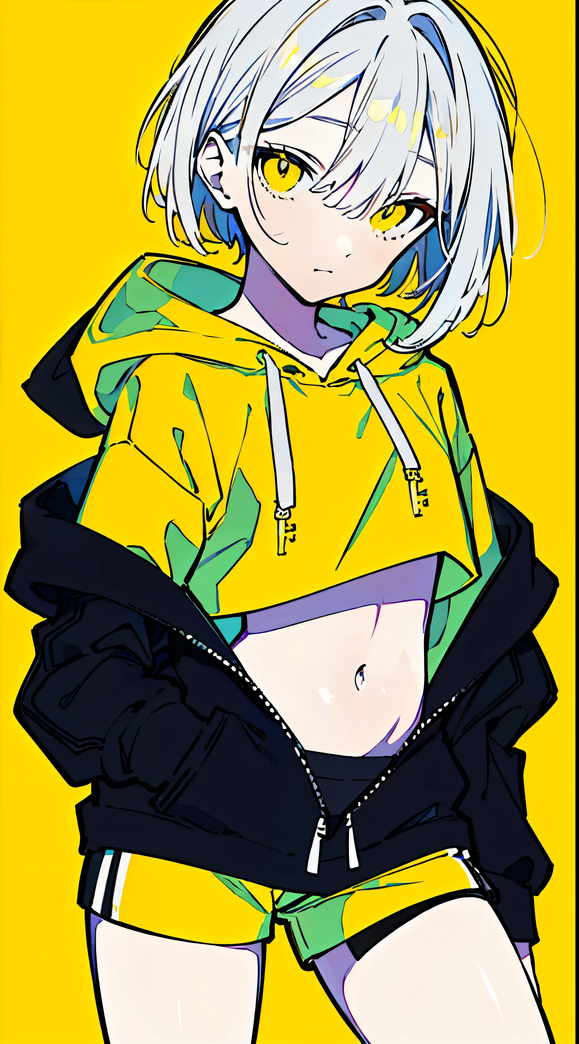 (masterpiece, highest quality:1.6), alone, thick outline, (simple background, Dark yellow background, monochrome, dark yellow theme:1.2), official art, Key Visual, 8K, confused, whole body, (Unique hair, oversized hoodie, hot pants, arch back, short torso:1.2), belly button, thighs, cowboy shot, HDR, sharp focus, High resolution, most detailed, very detailed, Super detailed, finely, detailed eyes and face, sharp pupils, realistic student