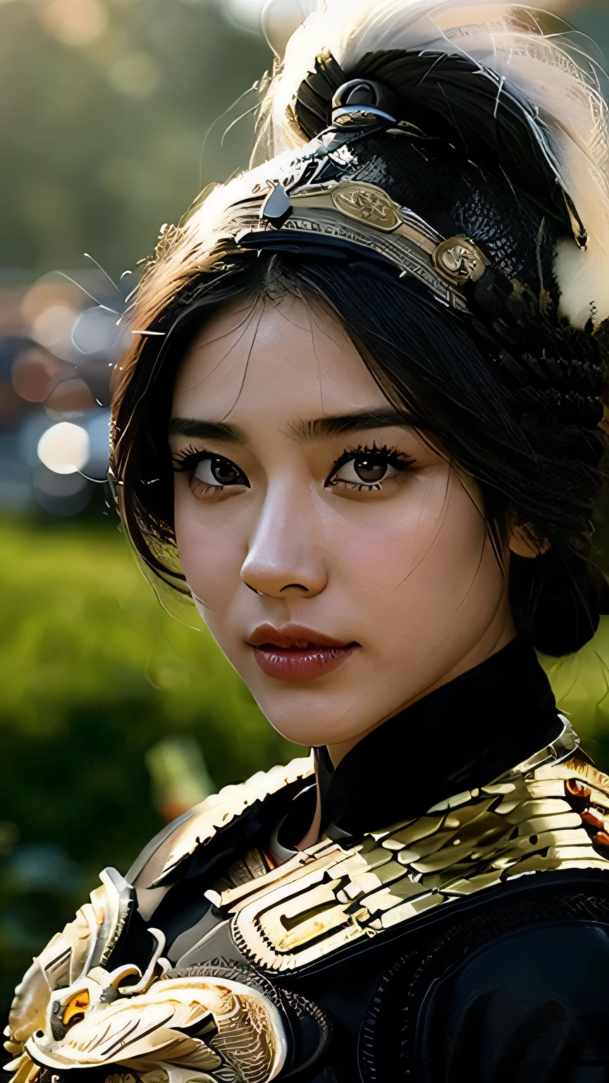 [ : (high detail face)], (Pure Eros Face in 1:0.8), ((Body Portrait)), pores, real skin, flying hair, (black hair), Ancient headdress, hairpin, affectionate eyes, shining eyes, beautiful scene, Shadow, Backlight, Cinematic perfect light with soft natural volume, film grain, Zukzia, chinese armor, sword, Architecture of China, grassland, wood, close-up portrait, sexy, masterpiece, 最high quality, high quality, High resolution