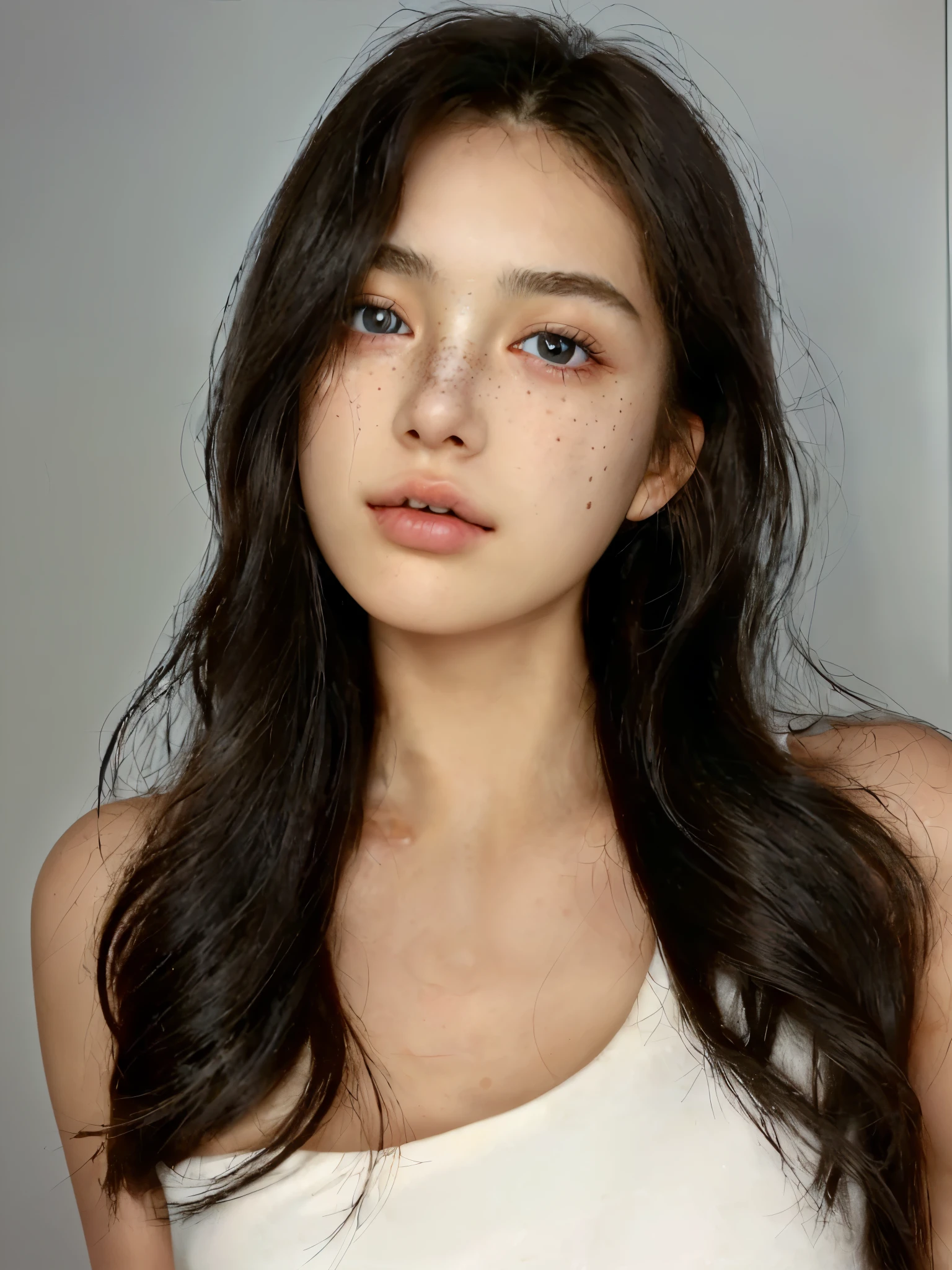 Freckles, pimples, acne scars, (dark circles under the eyes:1.3),Close your lips,No makeup,(close-up editorial photo of 20 yo woman, realistic eyes, POV, realistic[:, (film grain, 25mm, f/1.2, dof, bokeh, beautiful symmetrical face, perfect sparkling eyes, well defined pupils, high contrast eyes, ultra detailed skin, skin pores, finely detailed features:1),1girl, solo, long hair, realistic, lips, looking at viewer, black hair, upper body, mole, brown hair, simple background, brown eyes, grey background, bare shoulders