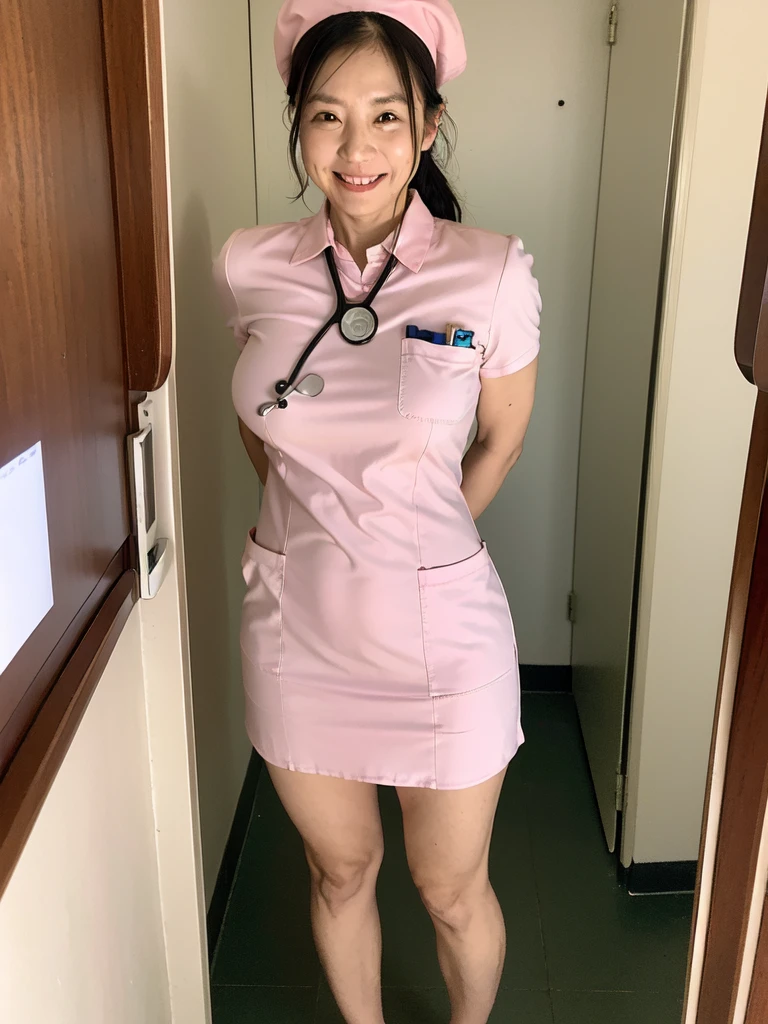 masterpiece, best quality, 16K, hospital, operating room, old woman, interior photo, glad, smiling, (standing), front view, long hair, ponytail, black hair, eyes open, (large breasts:1.41), (wrinkles corners eyes:1.32), (nasolabial:1.32), (old skin:1.32), freckled skin, wrinkles skin, pale skin, (old muscles:1.2), plump, {(nurse), ((breast pocket)), ((collared dress)), ((short dress:1.48)), (micro skirt:1.2), (pink dress), ((short sleeves)), ((thighs)), (pink headwear), (special occasion thong panties), (pink sandals), ((stethoscope))}, (undone clothing:1.25), beauty mark, 65-year-old, old, elderly, japanese, inside, in the hospital, in the operating room, in the afternoon, real person, ultra realistic photo, nsfw, full body shot, ((panty shot / upskirt)), from front, front view