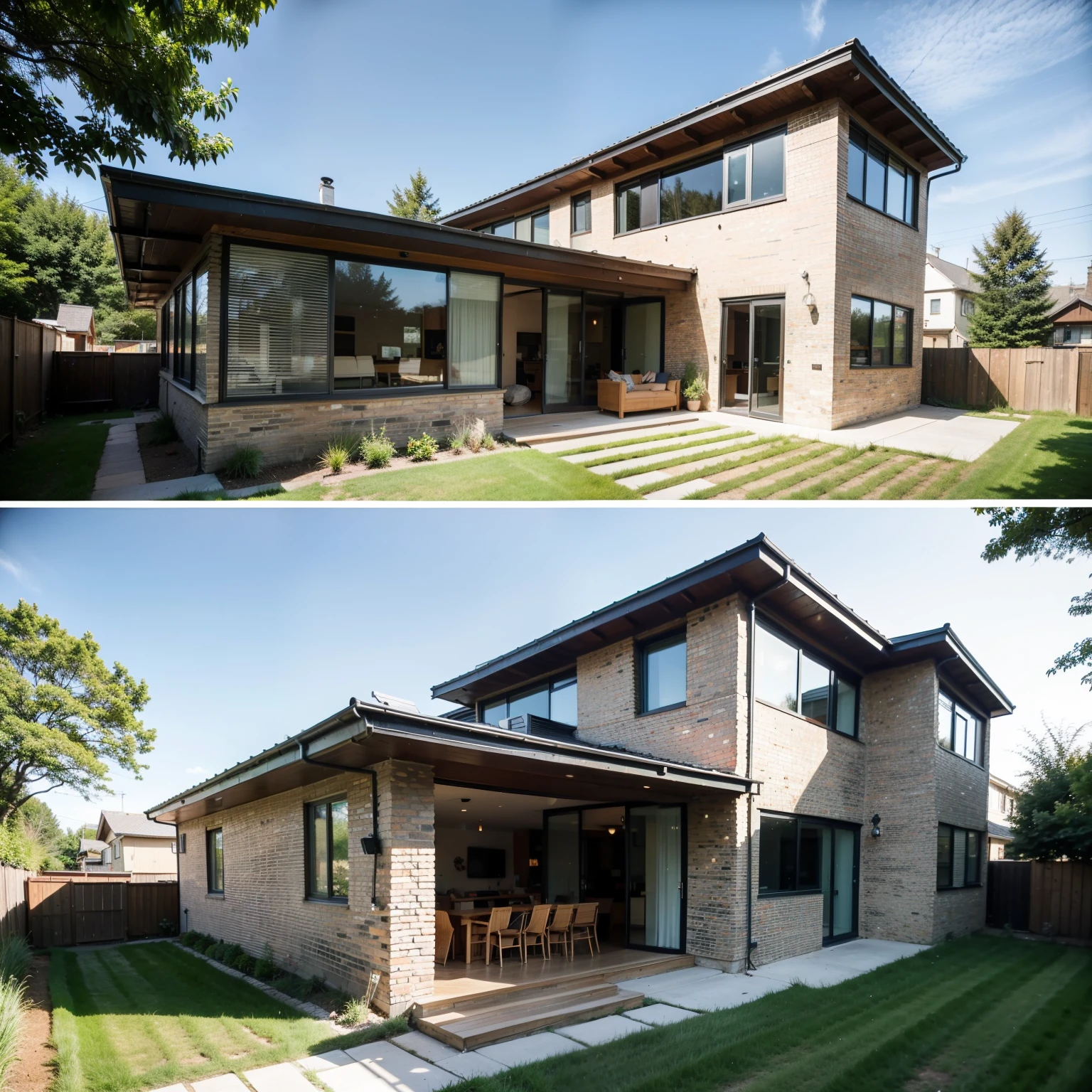 small house with a patio and a garden chair, 19th-century decorative brick, conceptual house, non-traditional modern, passive house, modern style, contemporary house, modern home, exterior project, architectural perspective, in an ultra-realistic style, comprehensive architecture project: Caroline Mytinger, modern loft house, open wall with brick architecture, modern arrangement.