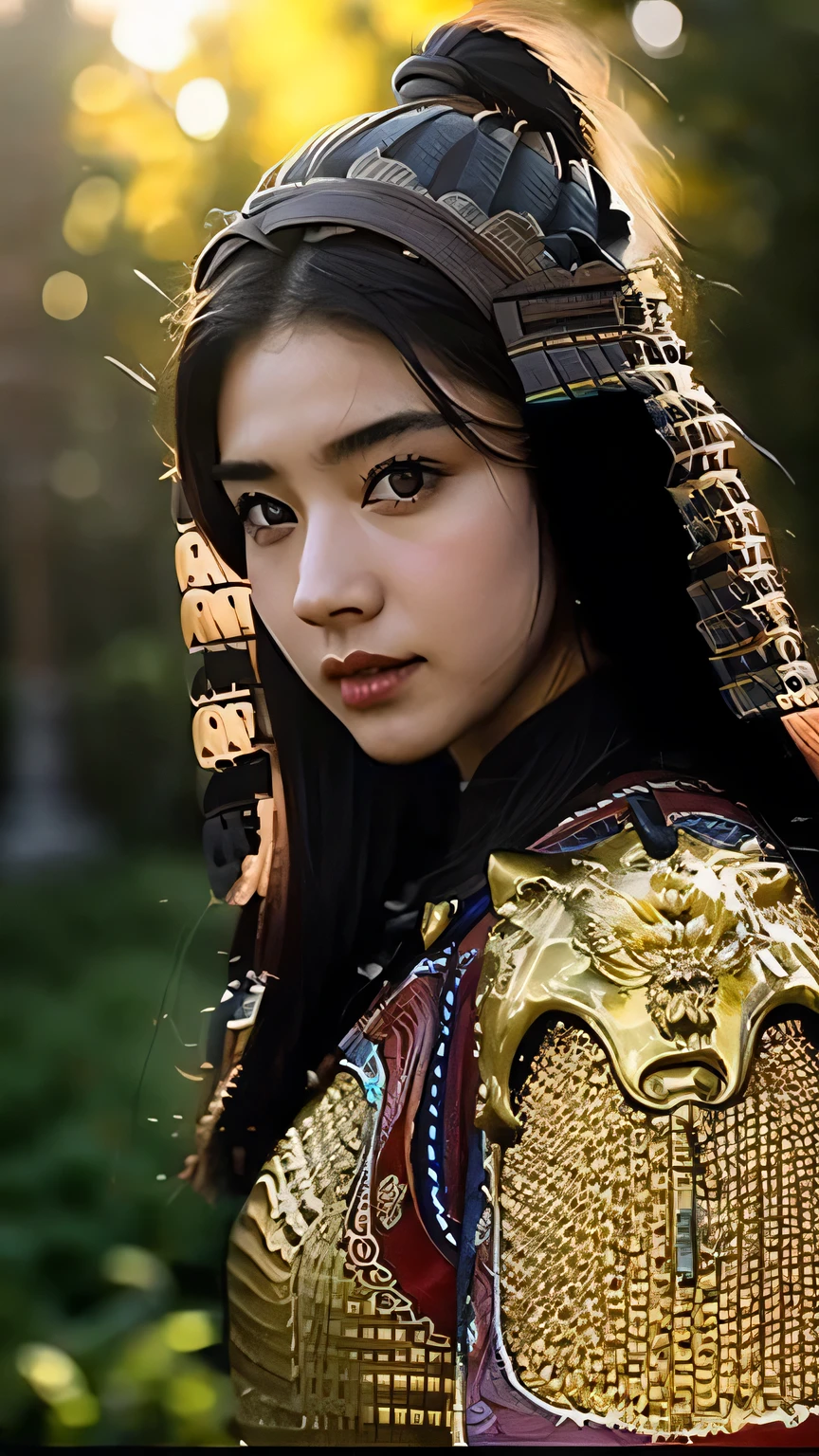 [ : (high detail face)], (Pure Eros Face in 1:0.8), ((Body Portrait)), pores, real skin, flying hair, (black hair), Ancient headdress, hairpin, affectionate eyes, shining eyes, beautiful scene, Shadow, Backlight, Cinematic perfect light with soft natural volume, film grain, Zukzia, chinese armor, sword, Architecture of China, grassland, wood, close-up portrait, sexy, masterpiece, 最high quality, high quality, High resolution