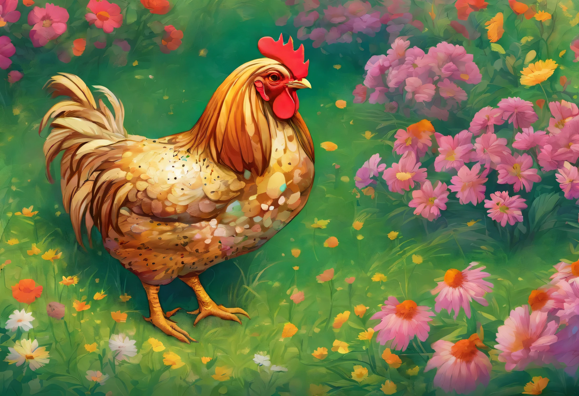 (speckled chicken, speckled chicken, beautiful speckled chicken), (in the grass and flowers, Among the grass, Flowers and shrubs), (illustration, digital illustration), (Super detailed, exquisite detail), (a high resolution), (Realistic, just like in life), (Stunning colors, bright colors), (Warm lighting, soft Warm lighting)