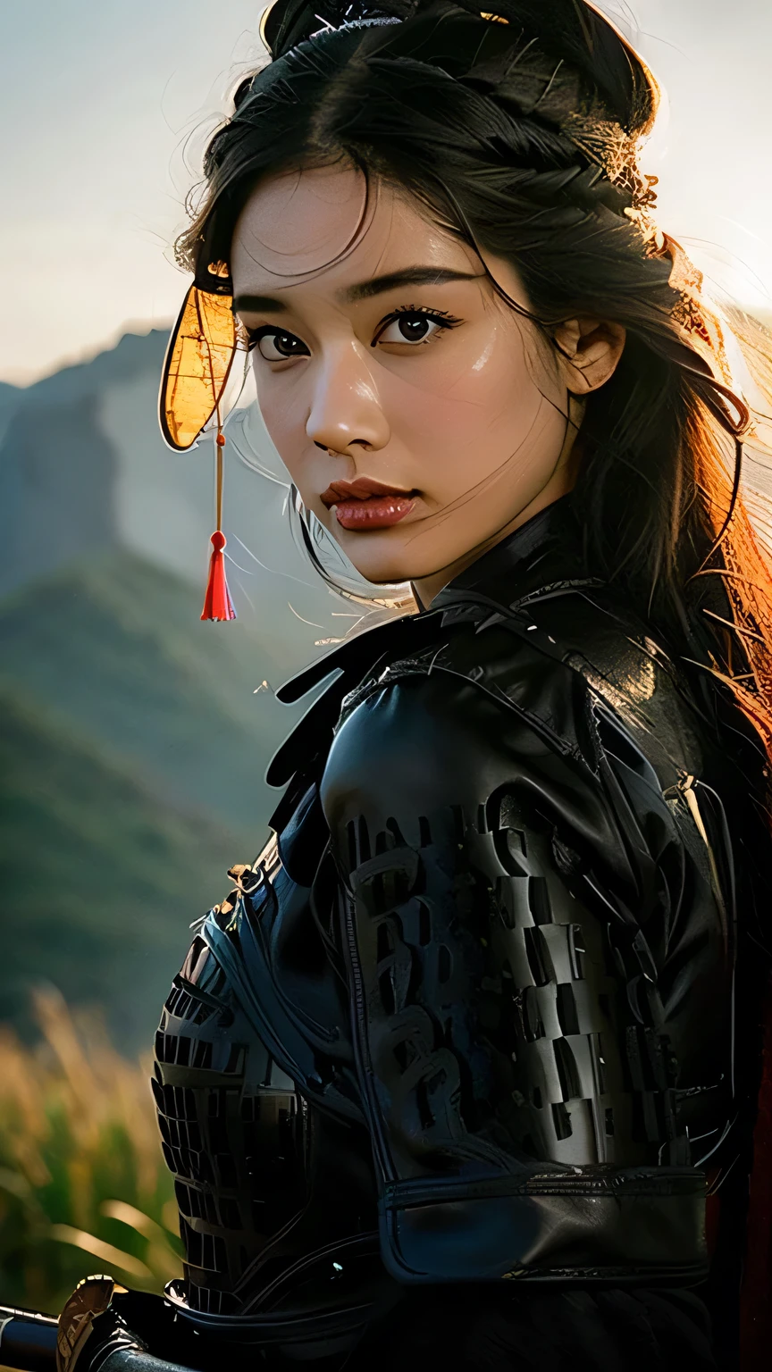 (high detail face), (Pure Eros Face), ((Body Portrait)), pores, real skin, flying hair, (black hair), Ancient headdress, hairpin, clear eyes, shining eyes, beautiful scene, Shadow, Backlight, Cinematic perfect light with soft natural volume, film grain, Zukzia, chinese armor, sword, Architecture of China, grassland, wood, close-up portrait, sexy, masterpiece, 最high quality, high quality, High resolution
