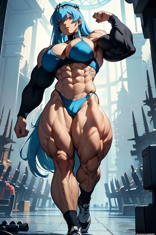 (masterpiece:1.4), (best quality:1.4),extremely detailed wallpaper, highly detailed illustrations, ((1 Girl)) , (super-complex details) official art, unity 8k wallpaper, ultra detailed, beautiful and aesthetic, masterpiece, best quality,, (fractal art:1.3) , masterpiece, , intricate detail,,((bulking)),covered body, ,upper body,(body builder:1.7), muscular,,bob hair,busty,sexy,curvy,crazy abs, upper , from front angle, raised hand, looking into camera, massive legs , massive pecs ,massive arms, full body, legs focus, ((massive mass muscular:1.9)), hyper muscle, massive muscle, (huge traps:1.7), flexing legs and ass , massive wide back , esdeath , long blue hair,