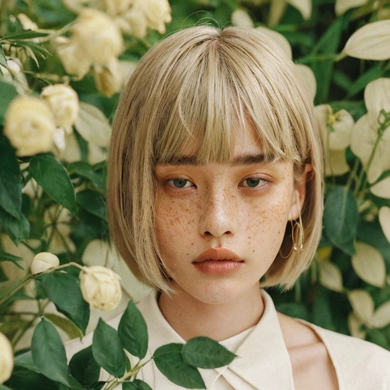 women are beige,20 year old woman、black eyes、freckles、straight cut bob hair、beige and green hair color、bangs、retro style、fashion editorial、minimalist、Foliage plant