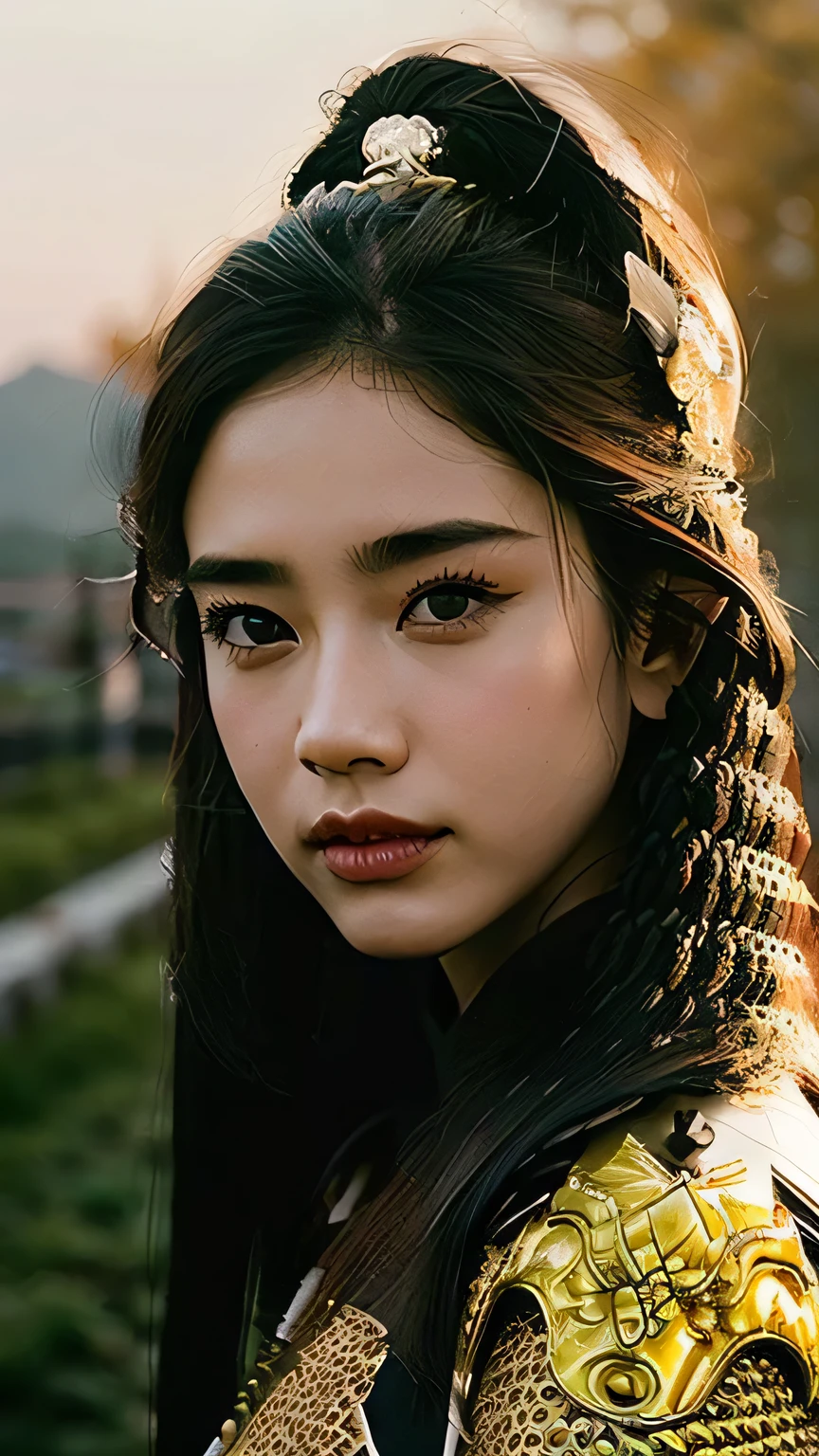 (high detail face), (Pure Eros Face), ((Body Portrait)), pores, real skin, flying hair, (black hair), Ancient headdress, hairpin, clear eyes, shining eyes, beautiful scene, Shadow, Backlight, Cinematic perfect light with soft natural volume, film grain, Zukzia, chinese armor, sword, Architecture of China, grassland, wood, close-up portrait, sexy, masterpiece, 最high quality, high quality, High resolution
