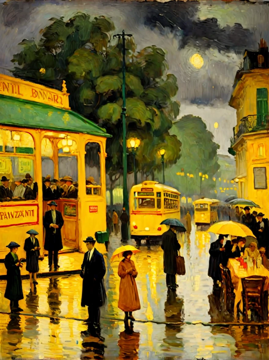 (downpour, rainy night:1.2), （bus stop，2 people waiting on a bench:1.6), rain, (close up:1.8), 8k，Pierre Bonnard Style - Pierre Bonnard, Scene painting, Oil painting in the style of Pierre Bonnard