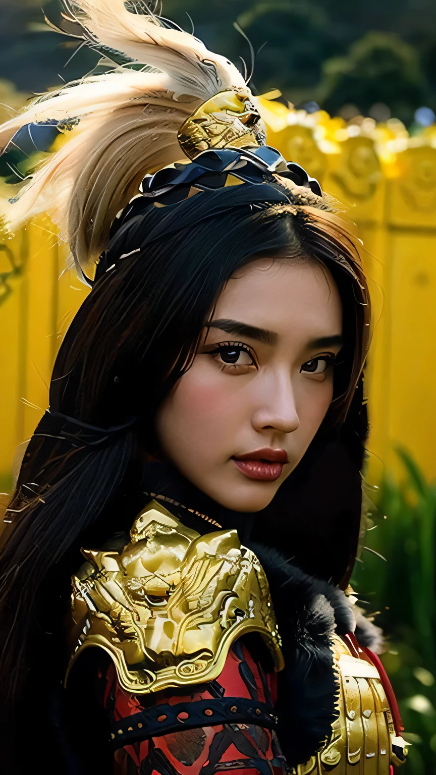 (high detail face), (Pure Eros Face), ((Body Portrait)), pores, real skin, flying hair, (black hair), Ancient headdress, hairpin, clear eyes, shining eyes, beautiful scene, Shadow, Backlight, Cinematic perfect light with soft natural volume, film grain, Zukzia, chinese armor, sword, Architecture of China, grassland, wood, close-up portrait, sexy, masterpiece, 最high quality, high quality, High resolution