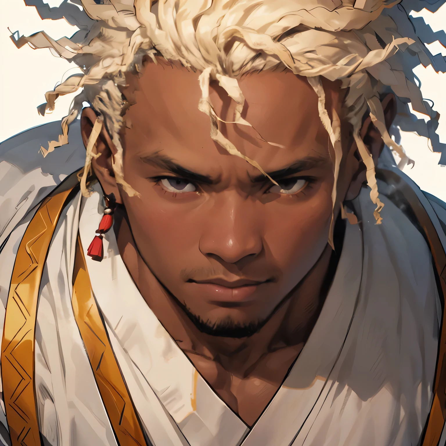 anime black man, bleached blonde hair, afro hairstyle, dark brown eyes, dark skin, muscular build, very physically strong, traditional japanese white clothing, topless, close up head shot, cloudy background