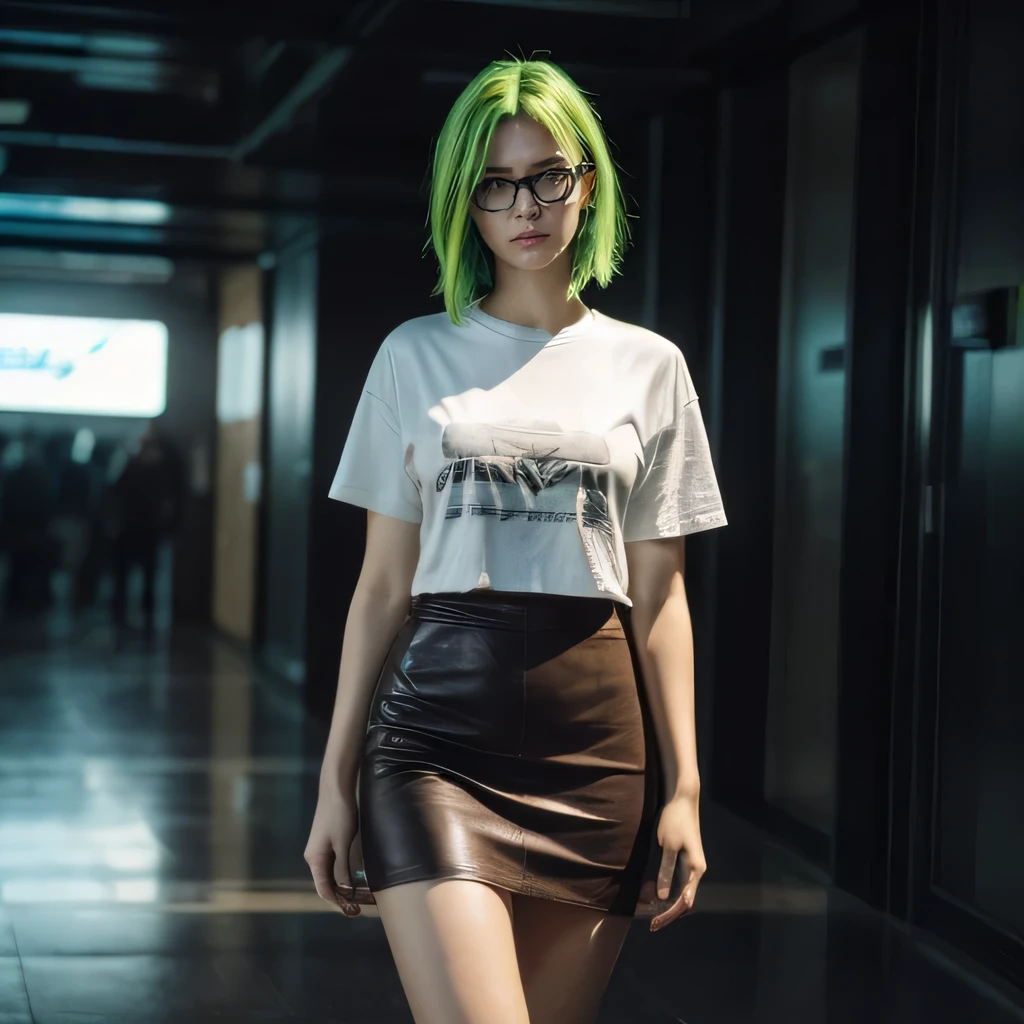 Cyberpunk Night City,girl with green hair in bob style,Full Length, wear closed electronic glasses in cyberpunk style,cyberpunk neck implants,wear a short cyberpunk skirt,Full Length,shoots a pistol, Maximum photorealism, (photo Realistic:1.4), (hyper Realistic:1.4), (Realistic:1.3), (smoother lighting:1.05), (improve the quality of cinematic lighting:0.9), 32K, 1 girl,20 year old girl, Realistic lighting, backlight, ray tracing, (bright light:1.2), (Increase quality:1.4), (Premium genuine leather texture.:1.4), very detailed eyes, (fatigue, drowsiness and joy), (laughter:0), t-shirts, (Improve your body line mood:1.1), (Increase the beauty of skin texture:1.1)