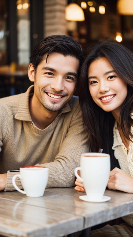 Date at a café　Couple smiling and talking　Beautiful men and women　perfect face
