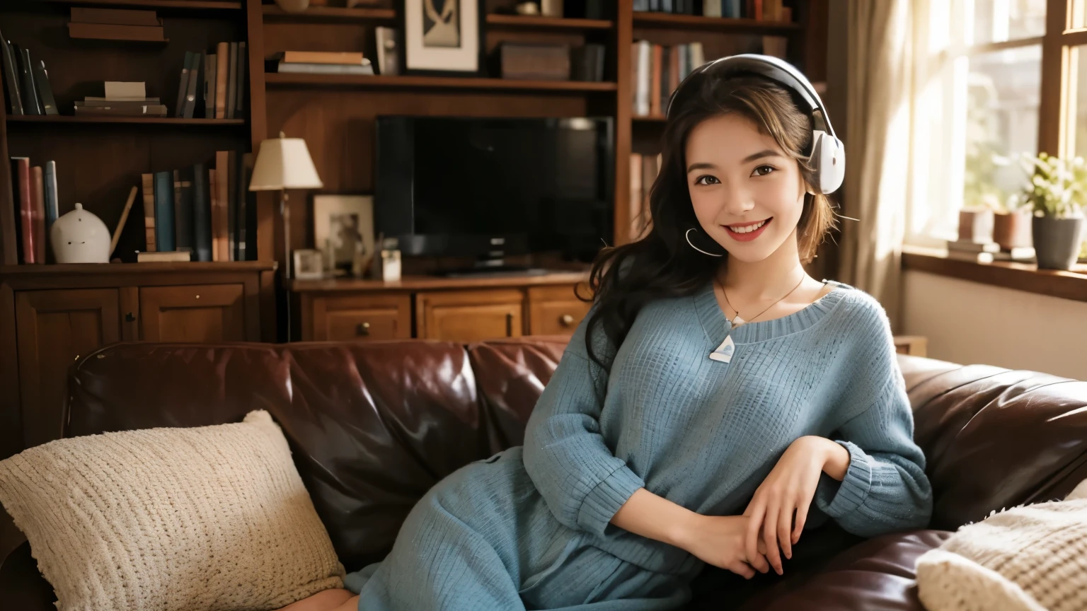 woman, with book, cute smile, wearing headphone, vintage clothes, she is at the out of left of picture, show big room, she is sitting