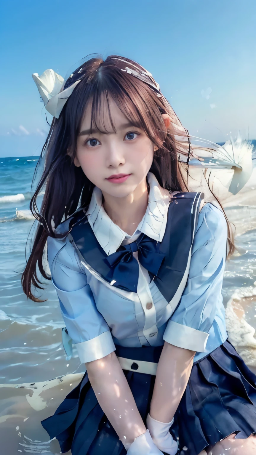 (masterpiece, best quality),

BREAK
(leaning forward:1.6),from front,(dramatic angle:1.6),(cleavage:1),look at viewer,(hand between legs:1.6),
BREAK
1 girl,(18 age years old:1.8),
(( face:1.8)),(blush:1.6),
(oiled skin:1.4),((small breasts:1.8)),(slender body:1),
(Medium hair:1.5),(straight hair:1.5),((floating hair:1.8)), (parted bangs:1.5),
smile,(shame explression:1.6),(open mouth:1.4),
BREAK
(sfw:1.6),(school uniform:1.6),(wind lift pleated skirt:1.4),(dark blue skirt:1.5), ((unbuttoned white collared shirt:1.6)), long sleeves, (unraveled red neck ribbon:1.4),
BREAK
outdoor,white sandy beach,(light blue sea:1.6),(white cloud in the blue sky:1.4), (wind:1.4),(splash water:1.6),
