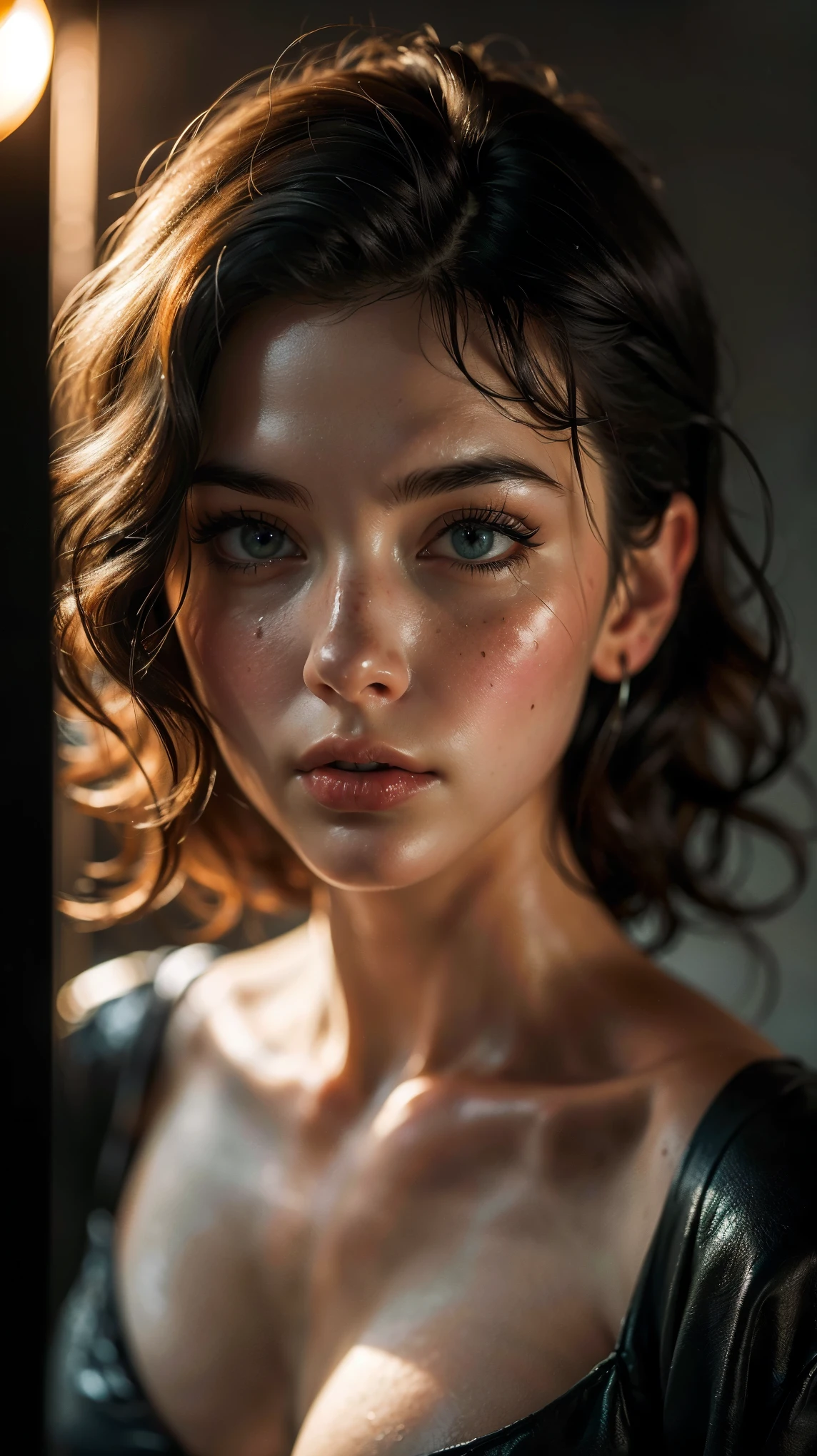 (((ultra realistic))) Photo, masterpiece, top quality, pale skin, (Ultra detailed face and eyes:1.2), 1 girl, gloomy atmosphere, Dark background, (Eye makeup, mascara) , ((Dark wavy hair)) , ((Stylish hairstyle)) , Natural breasts . ((Posing)) , (body curves), In Lifchik, photoshoot, studio (Contour lighting), (The play of light and shadows), depth of field, bokeh, (special attention to skin detail: 1.2), Detailed leather texture, skin pores, ((Тёмная и gloomy atmosphere кадра. color scheme - black, Gray, Ashen, Tons)), (Film grain, VHS effect), (shine) , (rays) , ((close-up portrait, close to the camera)) , ultra detialed,