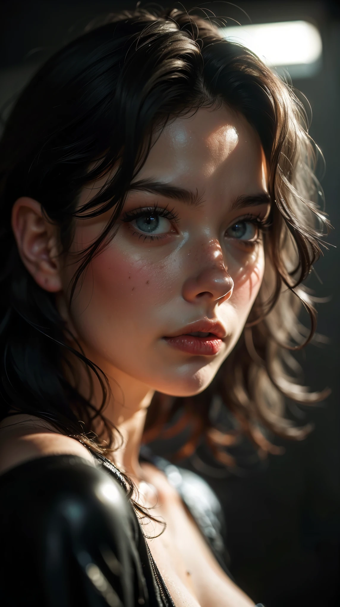 (((ultra realistic))) Photo, masterpiece, top quality, pale skin, (Ultra detailed face and eyes:1.2), 1 girl, gloomy atmosphere, Dark background, (Eye makeup, mascara) , ((Dark wavy hair)) , ((Stylish hairstyle)) , Natural breasts . ((Posing)) , (body curves), In Lifchik, photoshoot, studio (Contour lighting), (The play of light and shadows), depth of field, bokeh, (special attention to skin detail: 1.2), Detailed leather texture, skin pores, ((Тёмная и gloomy atmosphere кадра. color scheme - black, Gray, Ashen, Tons)), (Film grain, VHS effect), (shine) , (rays) , ((close-up portrait, close to the camera)) , ultra detialed,