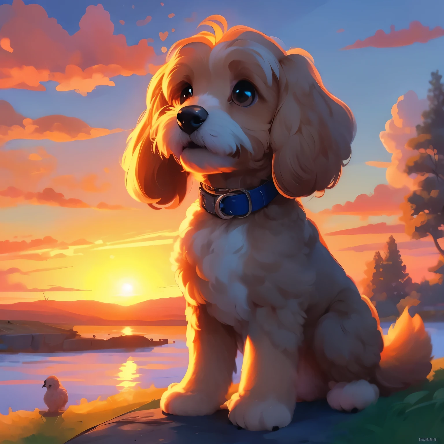 a cartoon-like she-cockapoo, sunset