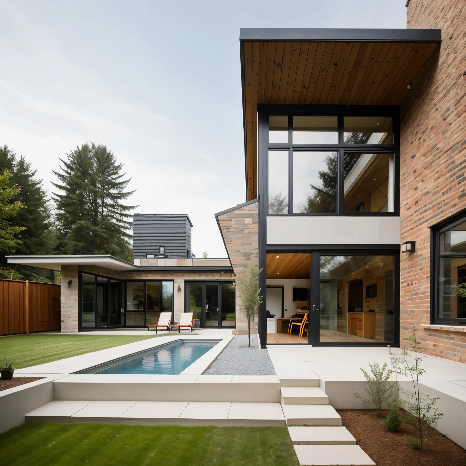 small house with a patio and a garden chair, 19th-century decorative brick, conceptual house, non-traditional modern, passive house, modern style, contemporary house, modern home, exterior project, architectural perspective, in an ultra-realistic style, comprehensive architecture project: Caroline Mytinger, modern loft house, open wall with brick architecture, modern arrangement.