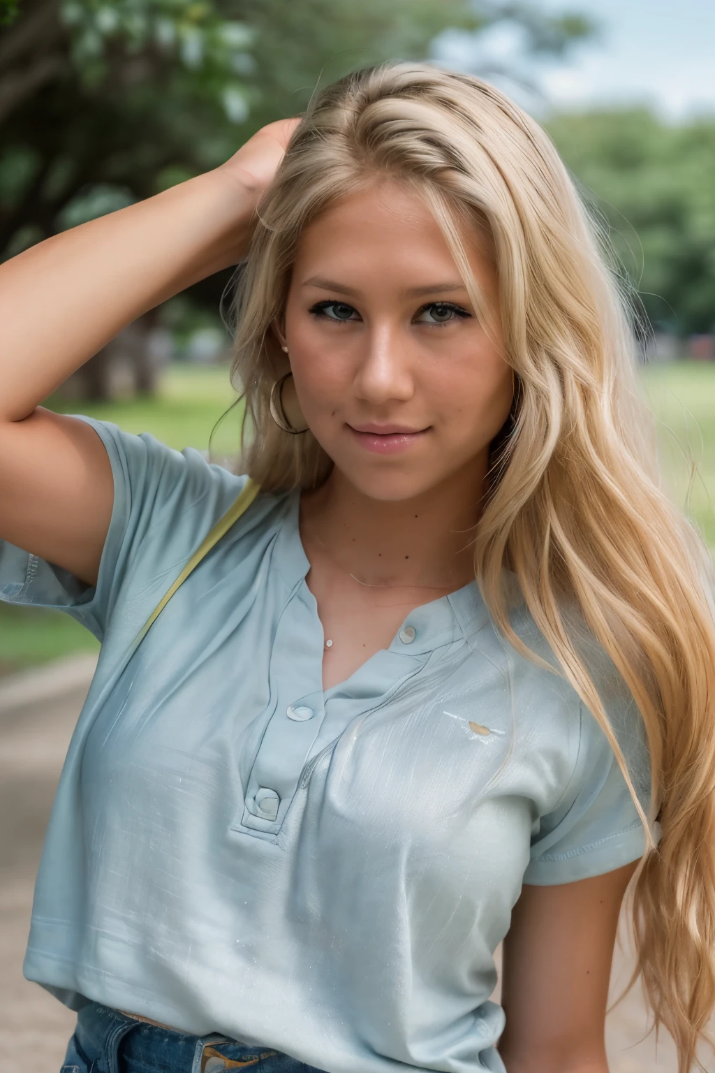 RAW photo of annkou, plain T-shirt and denim shorts on a park, closeup portrait, blonde, realistic skin details, (high detailed skin:1.2), 8k uhd, dslr, soft lighting, high quality, film grain, Fujifilm XT3,  