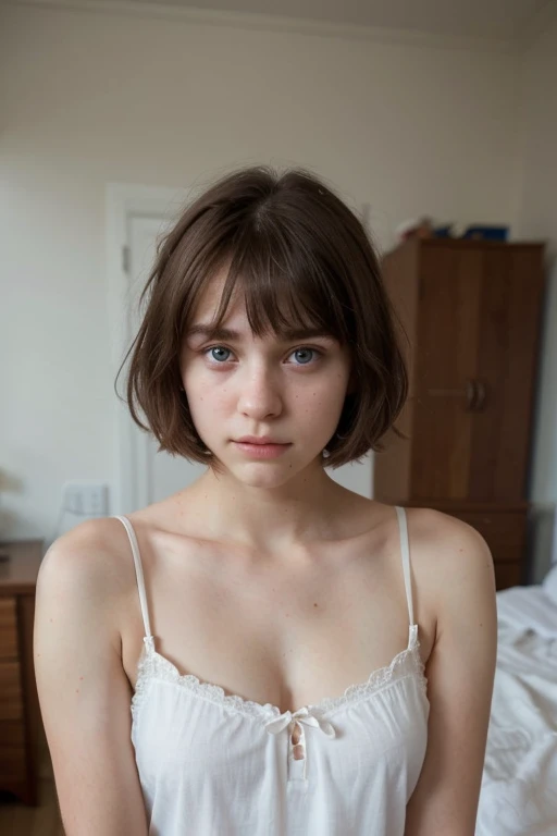 Best quality, hyperrealistic, details, 8k, ager, fifteen years old, shy, sad, paleness, big very blue eyes, very white skin, small nose, short middle brown hair with bangs, white nightgown, room, melancholy