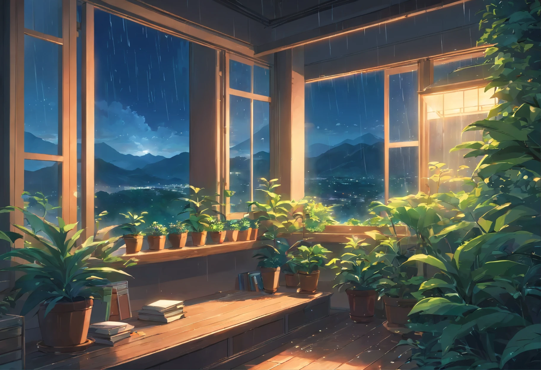 A very close-up shot of a large window full of plants and books is、Overlooking breathtaking and beautiful natural landscapes, at night, (Rain)