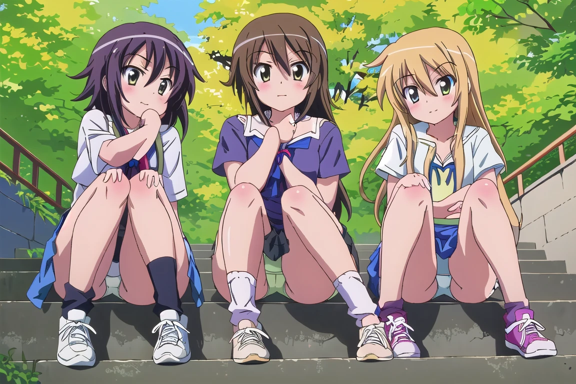 highest quality, ultra high resolution, (realistic: )2D official style cel animation,((Like Hayate！three girls sitting side by side。))mini skirt,summer shirt,(lace panties),loose socks,sneakers,full body portrait,(from below),station stairs,Sunny,troubled face,spread your legs