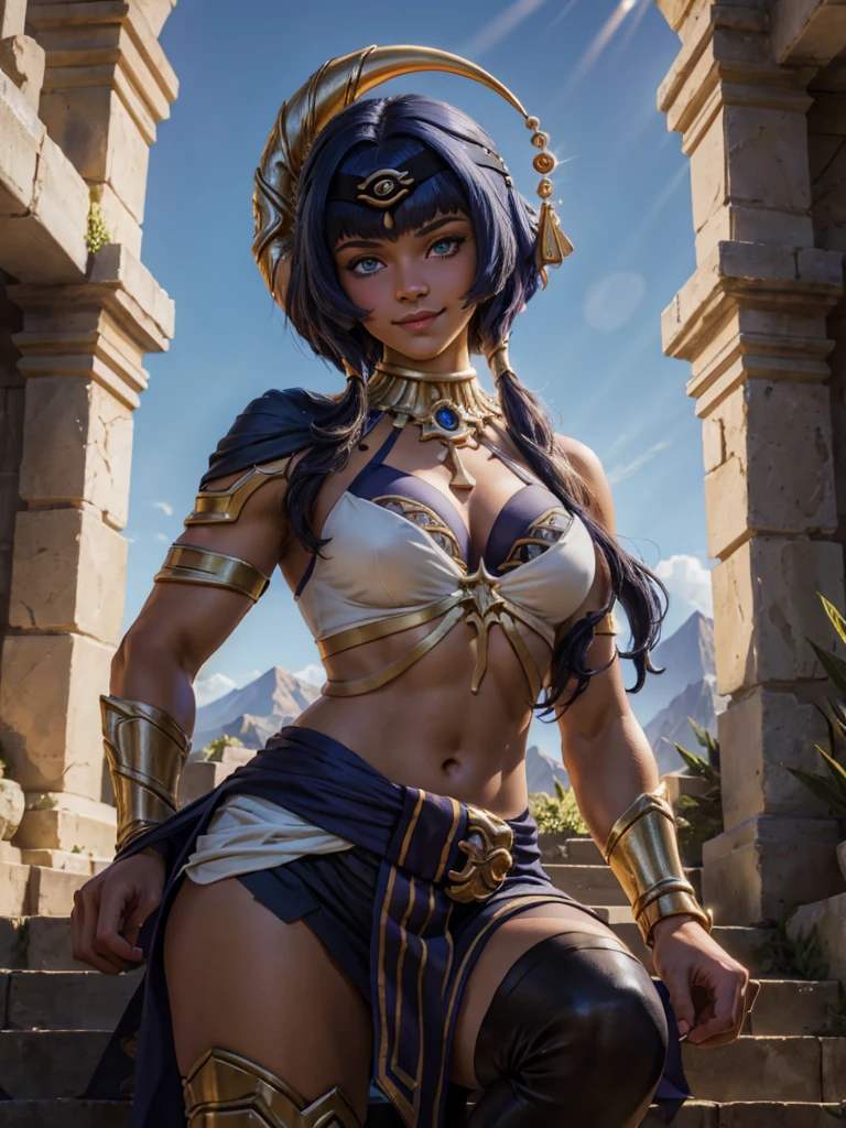 masterpiece, best quality, high resolution, closeup portrait, a male, greek god, fantasy, league of legends style, beautiful figure painting, bright light, amazing composition, front view, HDR, volumetric lighting, ultra quality, elegant, highly detailed,candacedef, upper body, smile, blush, outdoors, day, simple background, blue sky, short hair, sky, temple, looking at viewer, stairs, mountain, moody lighting, facing viewer,