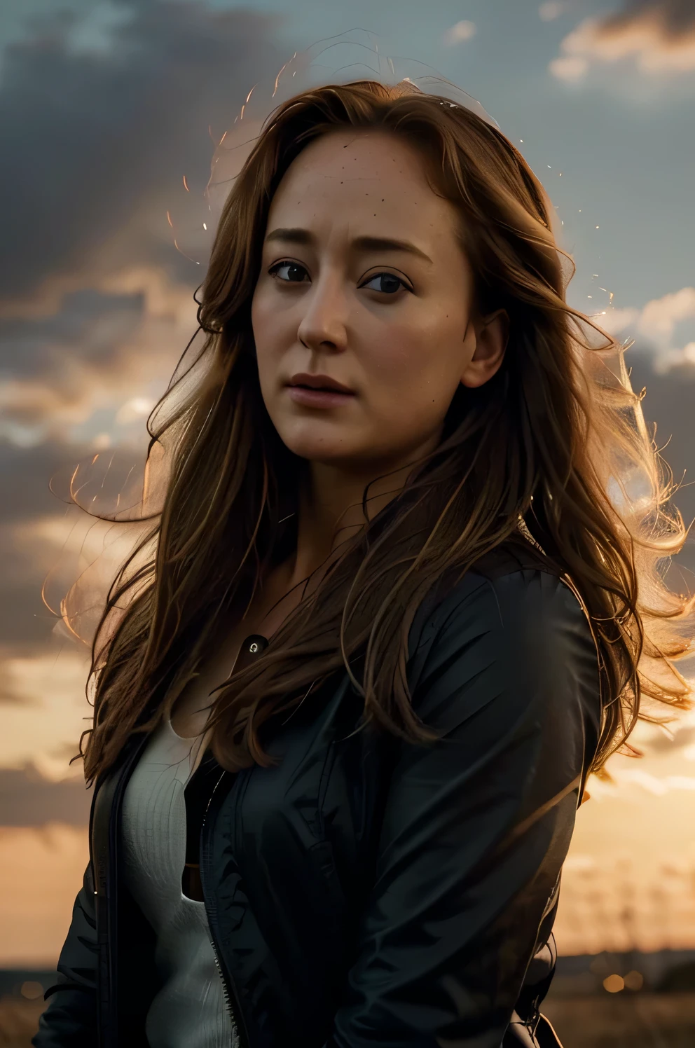 ((Jennifer Ehle)), dark blonde hair, with windswept tresses, her hair entangled like flames against a twilight sky, emanating untamed beauty