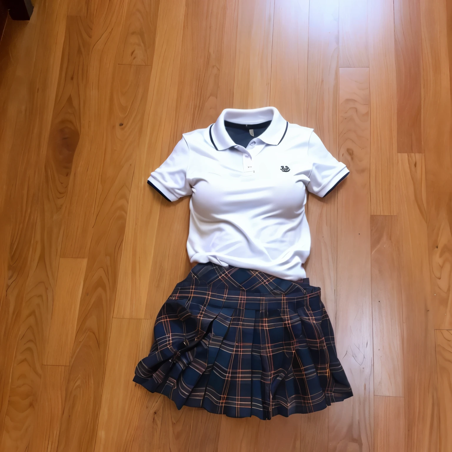 school polo shirt on floor, stripe tie, plaid school skirt, (invisible, no humans, headless, faceless:1.5), cute big breasts