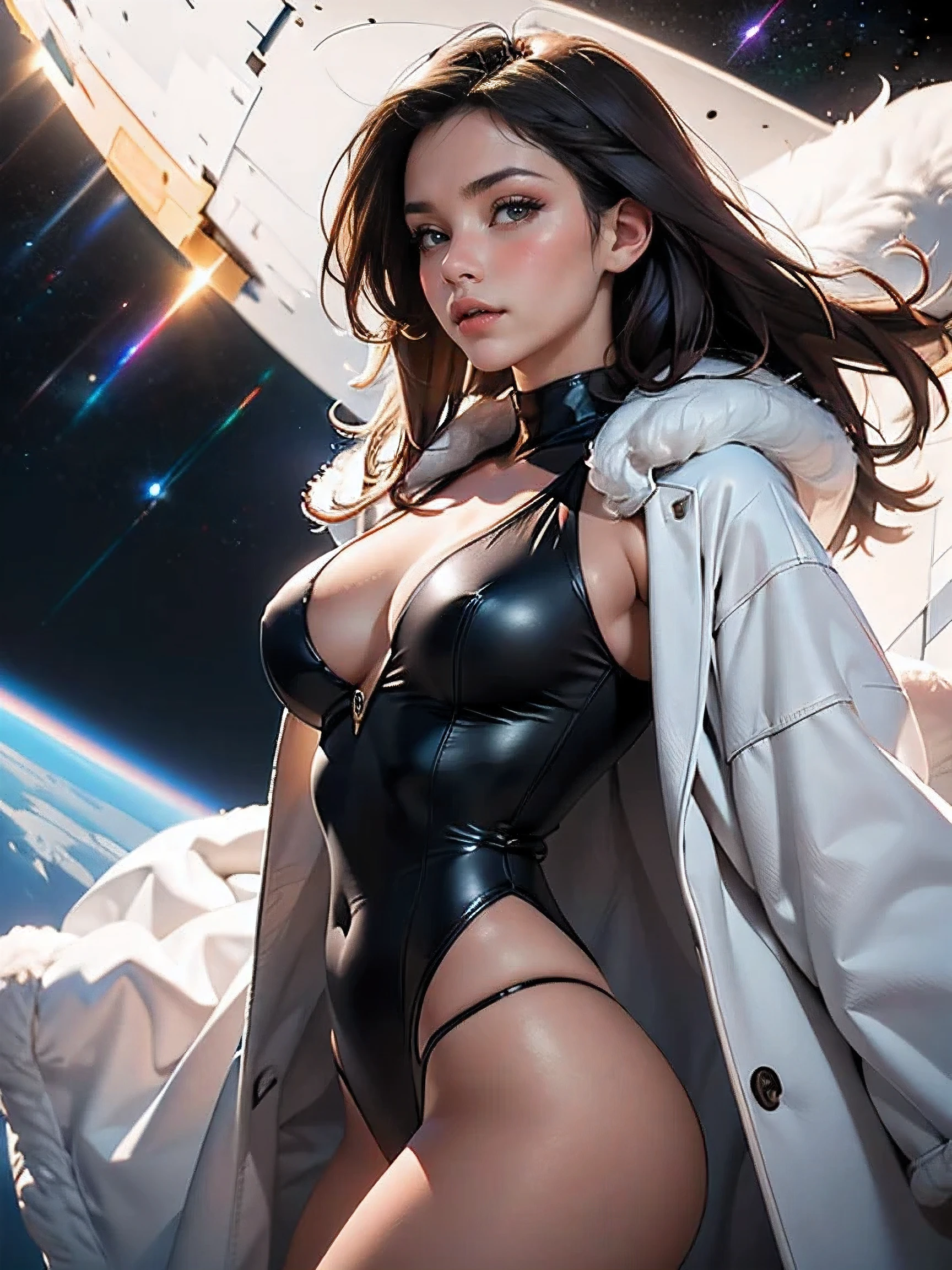 (((HD photo))), ultra high res.photorealistic:. 1.4, UHD, masterpiece, trending on artstation, frontal shot, head and shoulders, pretty, cute girl, most beautiful in the world, perfect hips, soft, delicate, long dark hair, large breasts, wearing white fur coat, sunkissed, space background