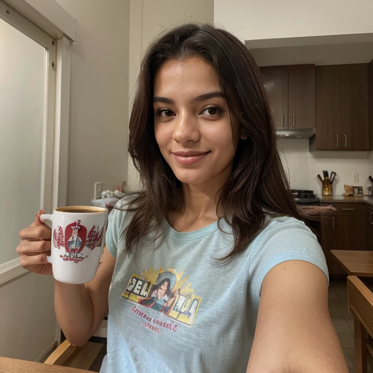 Modelo brasileira, friendly about 20 years,, academia, em Casa, selfie, sozinha, Looking at the camera, sorrindo, usinado pijama, Cup of coffee, Messy hair 