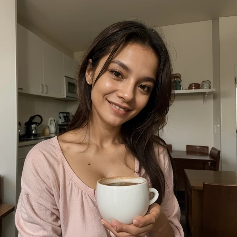 Modelo Brasileira, friendly about 20 years old,, academia, em casa, selfie, sozinha, Looking at the camera, sorrindo, usinado pijama, Cup of coffee, Messy hair