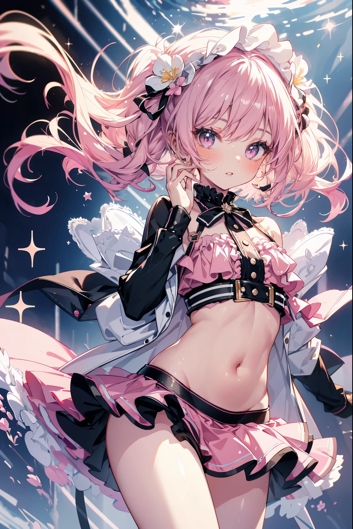 highest quality, masterpiece, long eyelashes, Sparkling輝く目, Pink lips, toned belly, Navel exposed, Obscene lines, super mini skirt, Skirts with ruffles, cute, ribbon, flower, Sparkling,