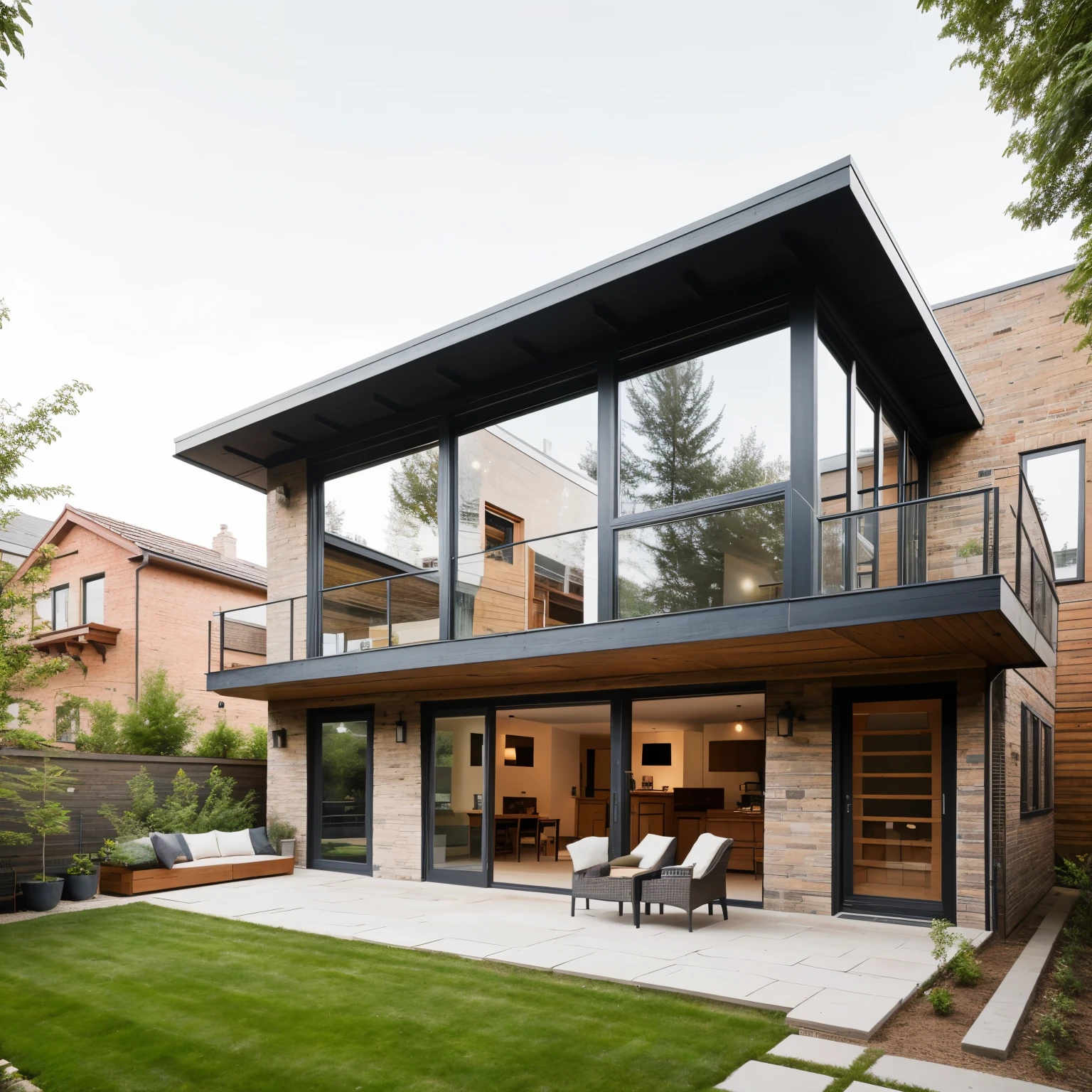 small house with a patio and a garden chair, 19th-century decorative brick, conceptual house, non-traditional modern, passive house, modern style, contemporary house, modern home, exterior project, architectural perspective, in an ultra-realistic style, comprehensive architecture project: Caroline Mytinger, modern loft house, open wall with brick architecture, modern arrangement.