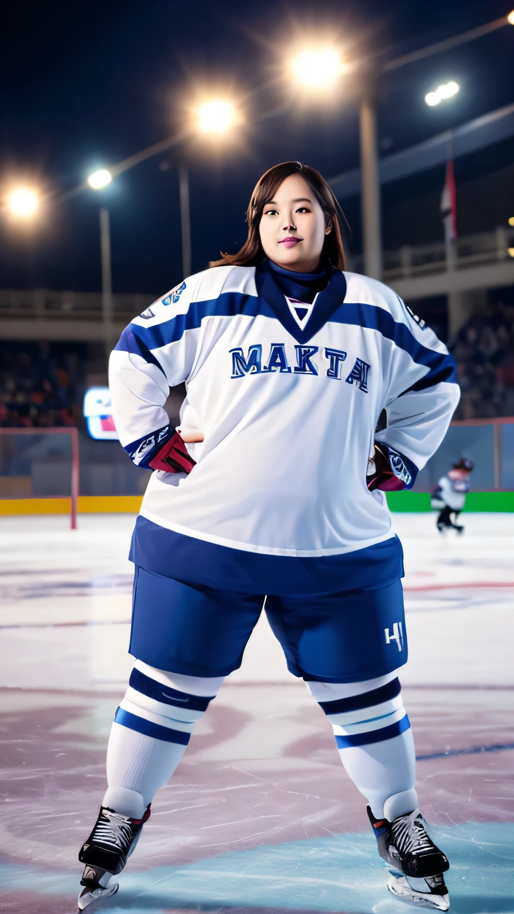 1 female, Overweight, Ice Hockey Uniforms, extremely fat, Chubby, Japanese, 4K, High resolution, masterpiece, highest quality, fine skin, sharp focus, (cinematic lighting)