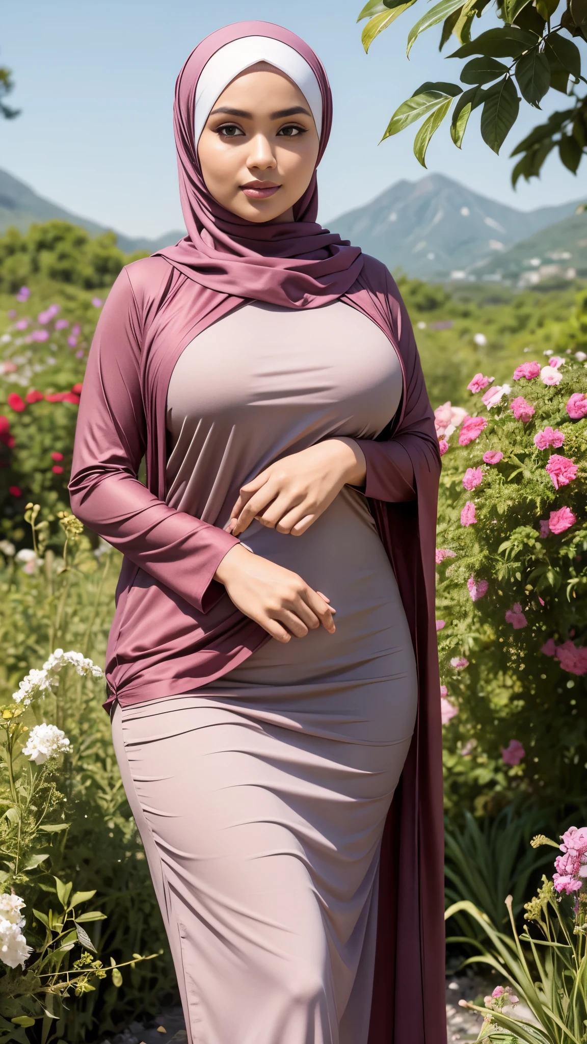 RAW, Best quality, high resolution, masterpiece: 1.3), beautiful Malay woman in hijab,Masterpiece, perfect slim fit body, (Huge breasts), big gorgeous eyes, Soft smile, ,woman in a pink shawl standing in a field, inspired by Nazmi Ziya Güran, inspired by Naza, wearing pink floral chiton, fuschia skin, shawl, hijab, emir, fuchsia skin, beautifully, magenta, smooth fuschia skin, detailed picture, inspired by Mym Tuma, with cape necklace, shairband, afternoon walk, City garden, Excellent lighting, Bright colors, Clean lines