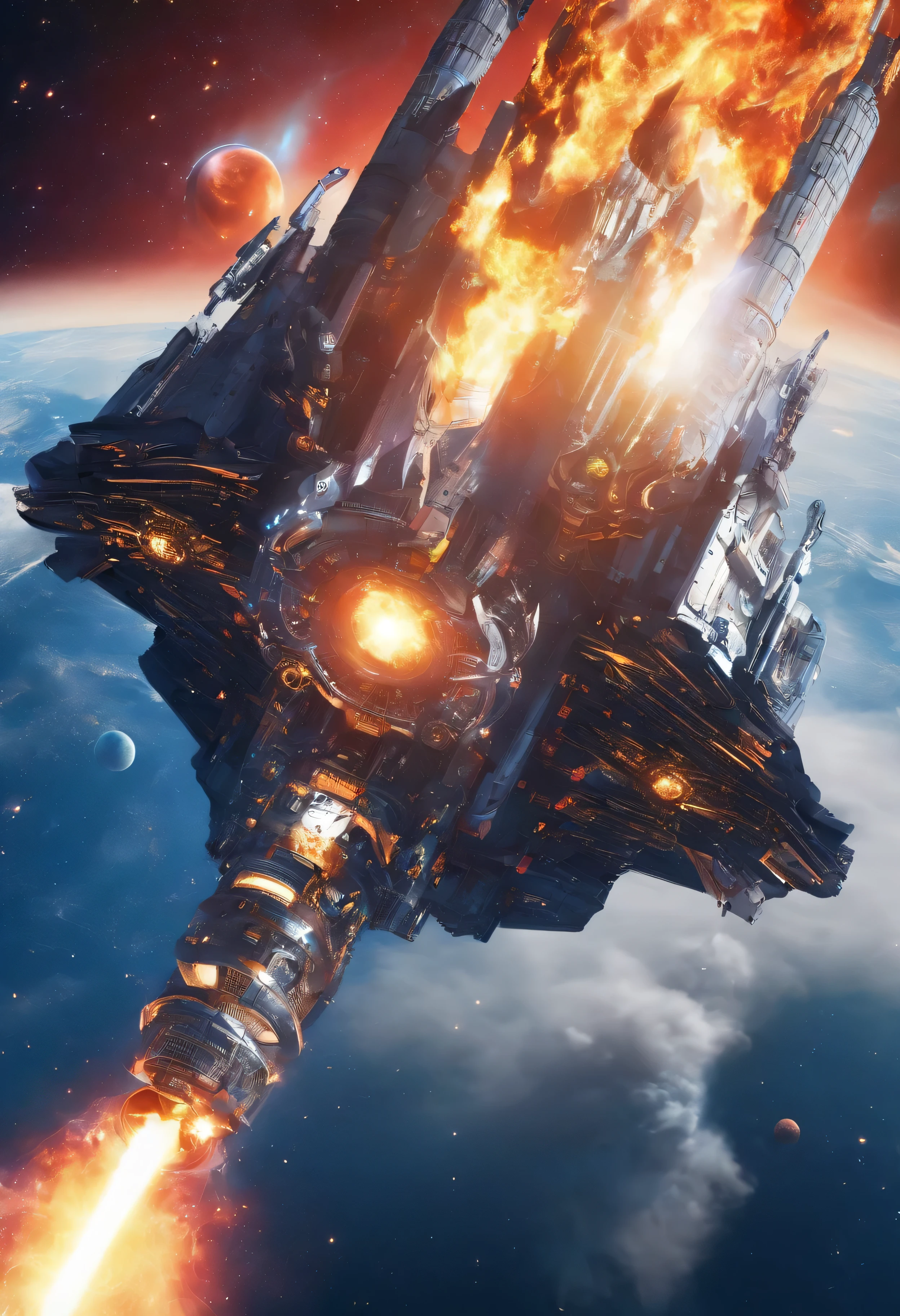 close shot,The launch of a large mechanical rocket,blue sea and mountains background,flame,Metallic,high quality,high detail,