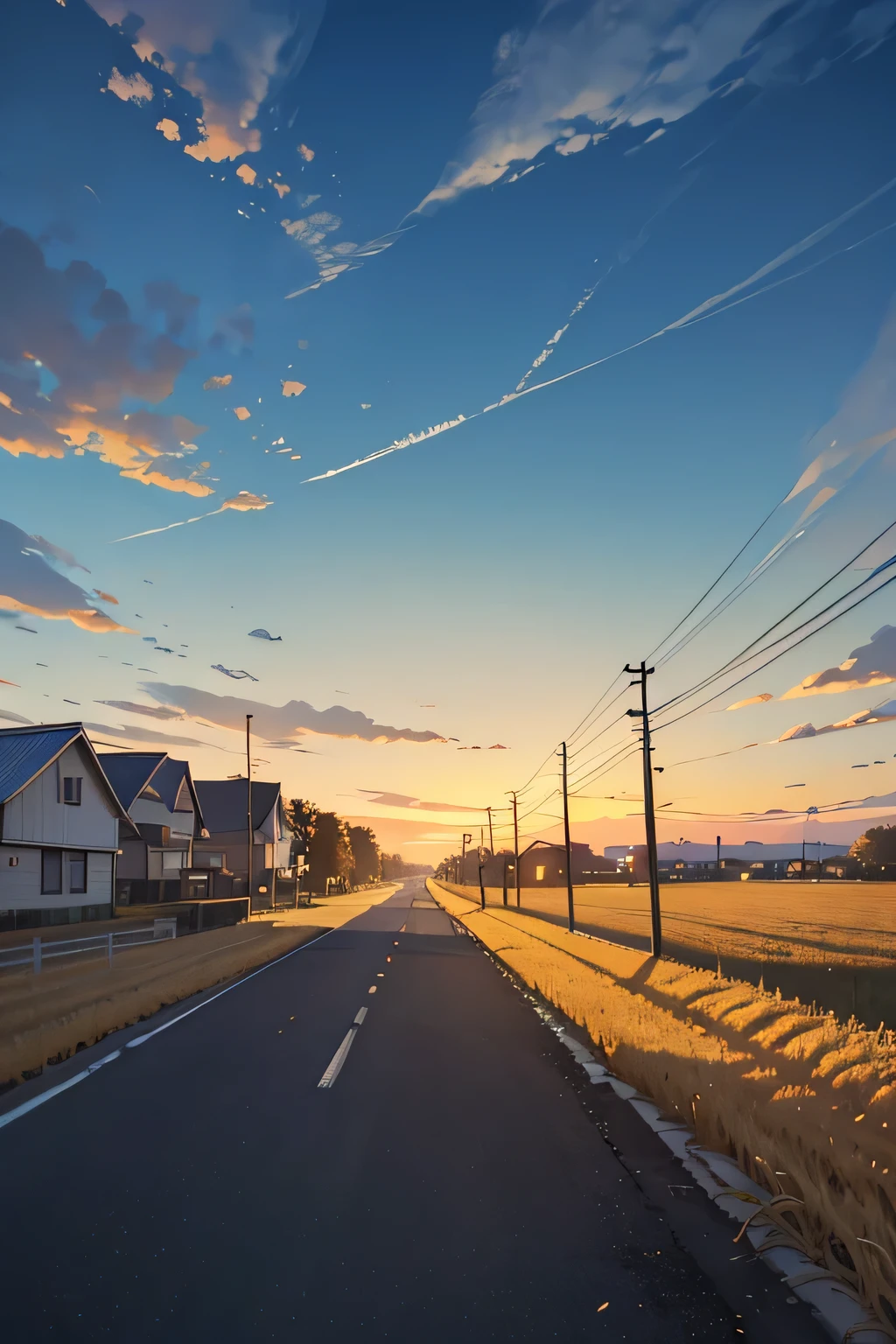 Generates a daytime autumn sky with floating clouds，The main body of the picture is a very wide asphalt road，There are street lights and telephone poles on both sides of the road.，On both sides of the picture are farmer uncles harvesting golden wheat in the fields.，There are several small houses in the wheat field