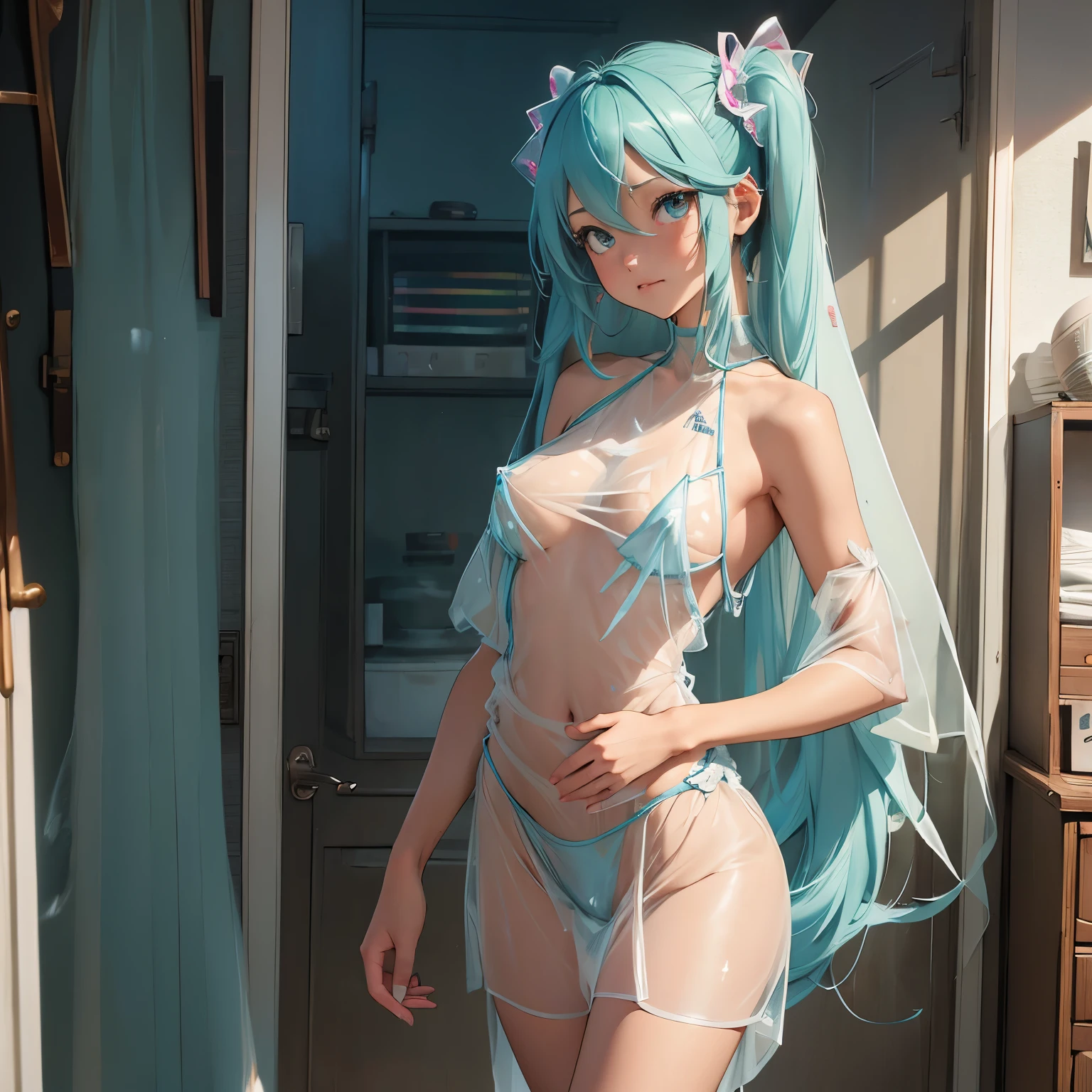 (quality)), ((masterpiece)), Recommended resultsluffly、(see through:1.5)、whole body 、Swollen nipples,straighten your back、huge bust、angle to floor:1.2、low camera angle、Hair loss on crotch、Whole body facing the camera,Hair can be seen on the crotch,Hatsune Miku,Transformers