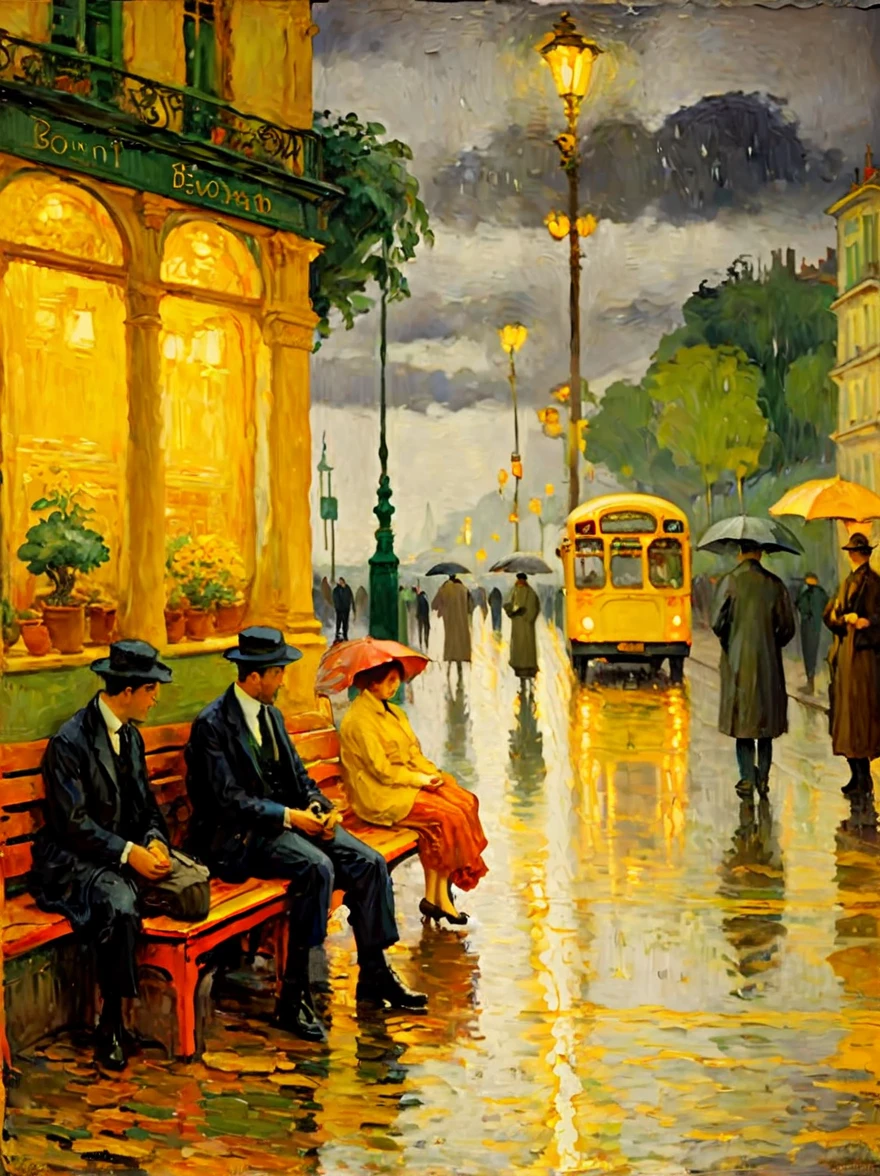 (downpour, rainy night:1.2), （bus stop，2 people waiting on a bench:1.6), rain, (close up:1.8), 8k，Pierre Bonnard Style - Pierre Bonnard, Scene painting, Oil painting in the style of Pierre Bonnard