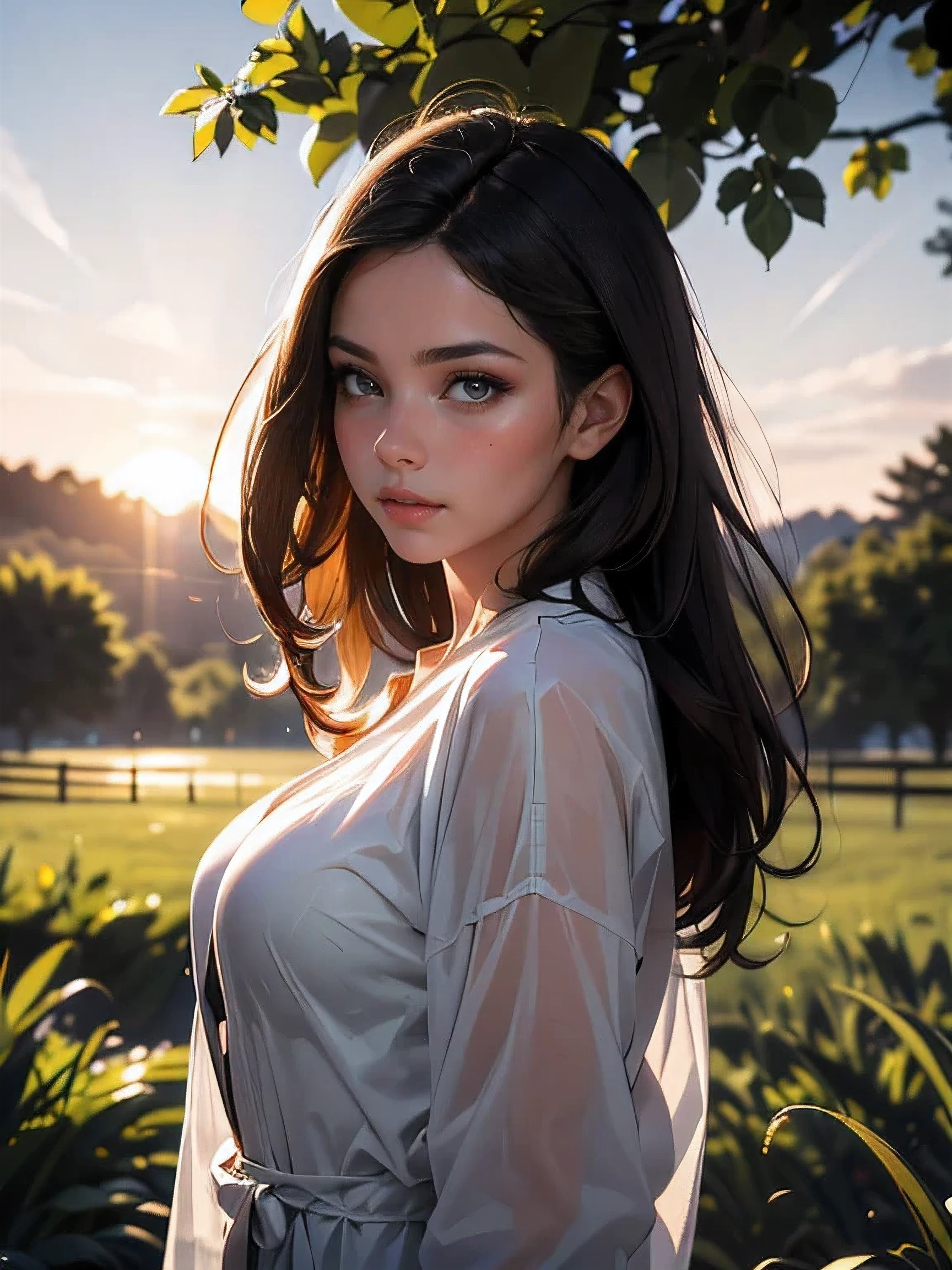 (((HD photo))), ultra high res.photorealistic:. 1.4, UHD, masterpiece, trending on artstation, frontal shot, head and shoulders, pretty, cute girl, most beautiful in the world, soft, delicate, long dark hair, large breasts, wearing raincoat, sunkissed, countryside background