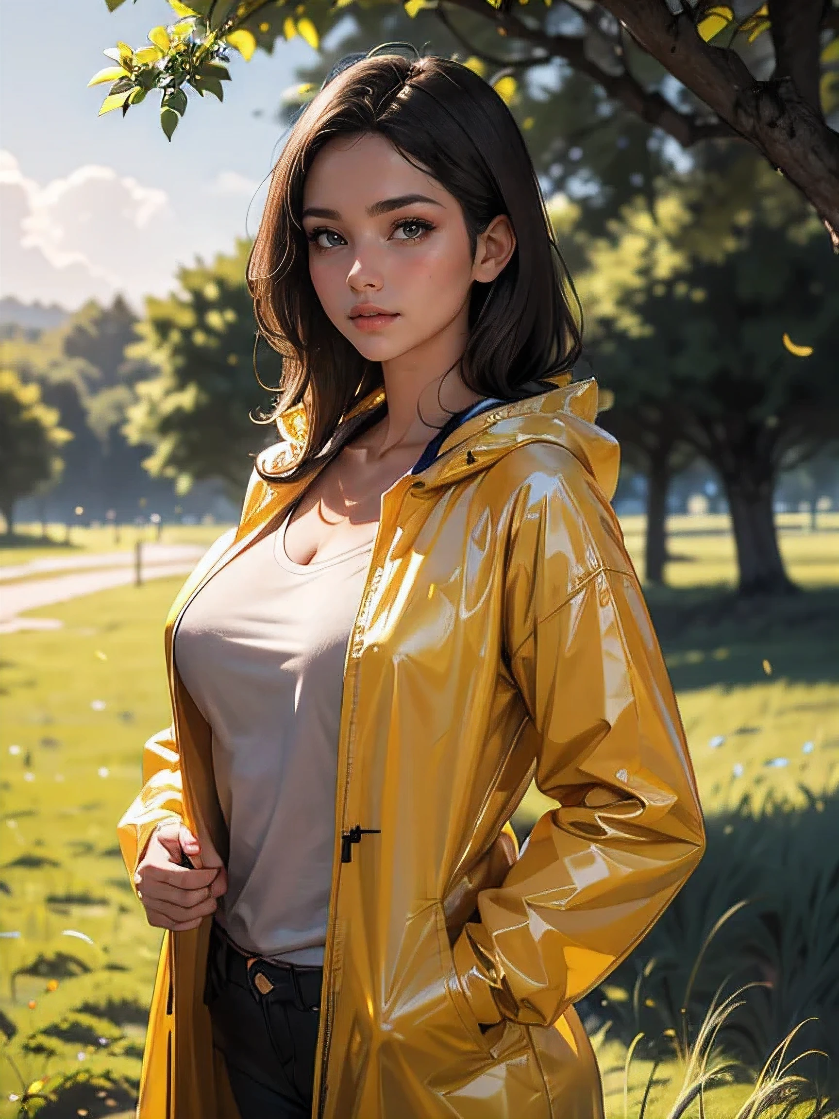 (((HD photo))), ultra high res.photorealistic:. 1.4, UHD, masterpiece, trending on artstation, frontal shot, head and shoulders, pretty, cute girl, most beautiful in the world, soft, delicate, long dark hair, large breasts, wearing raincoat, sunkissed, countryside background