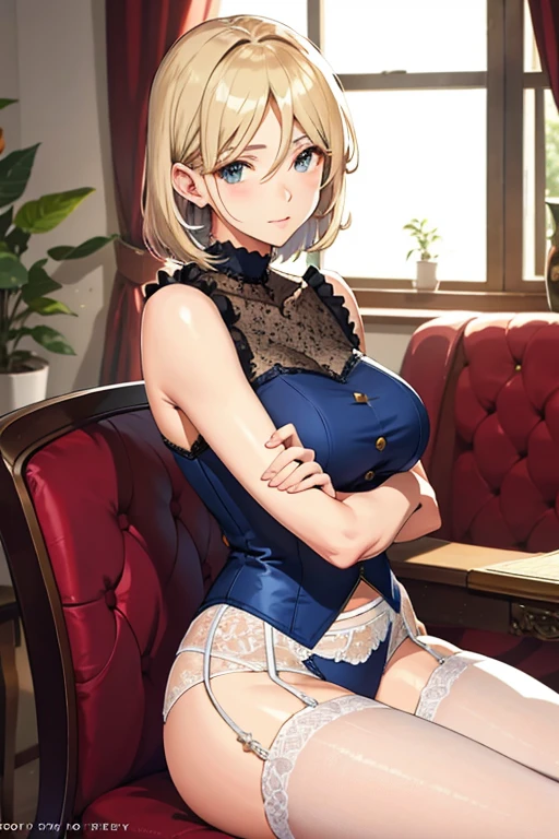 garter belt、beautiful mature woman、face forward、sit straight with your legs together、Upper body
