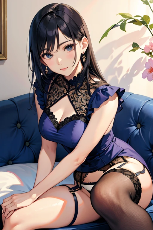 garter belt、beautiful mature woman、face forward、sit straight with your legs together、Upper body