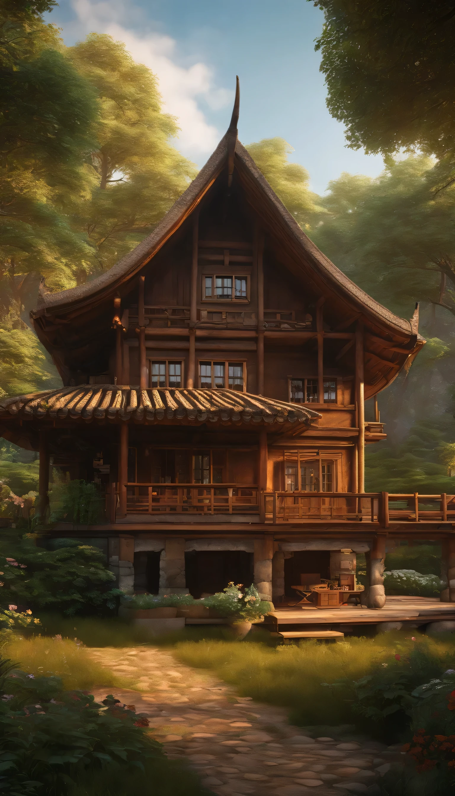 highest quality、8k、Detailed facial depiction、masterpiece、highest quality、Crisp image quality、Photo of an old wooden house and the surrounding nature