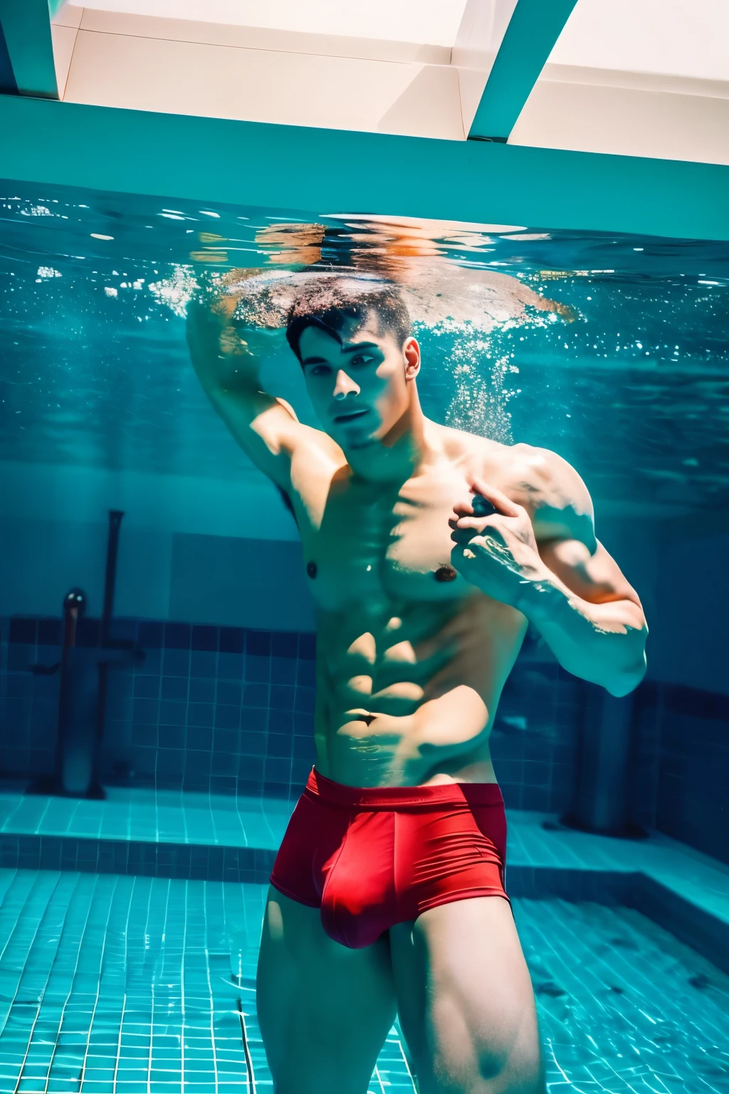 A fit handsome naked and muscular man, swimming powerfully underwater in a stunning pool, full body shot,