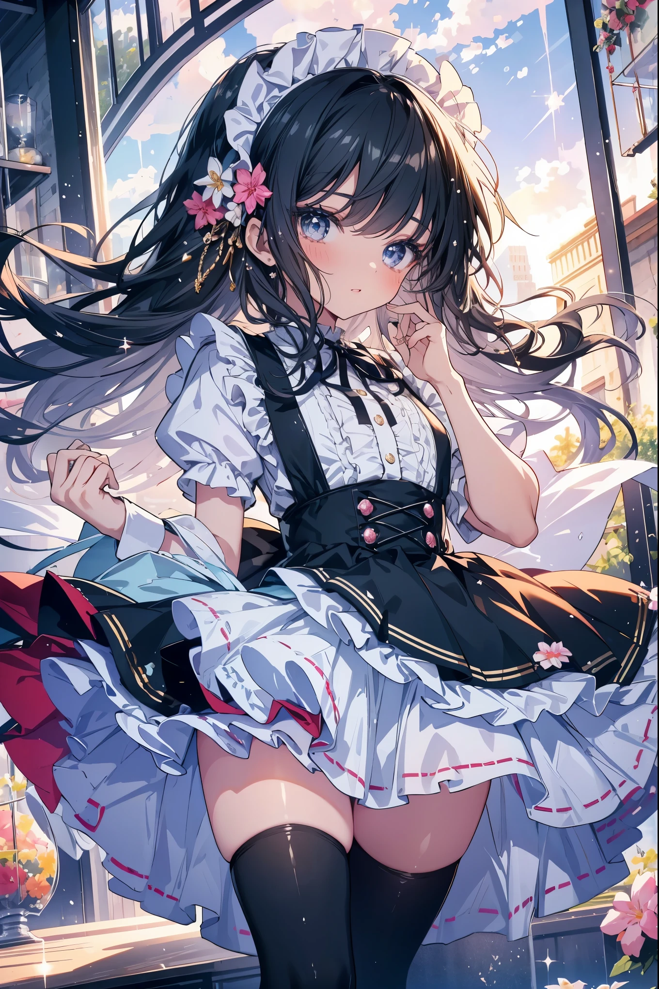 highest quality, masterpiece, long eyelashes, Sparkling輝く目, super mini skirt, Maid clothes with frills, cute, ribbon, flower, Sparkling,